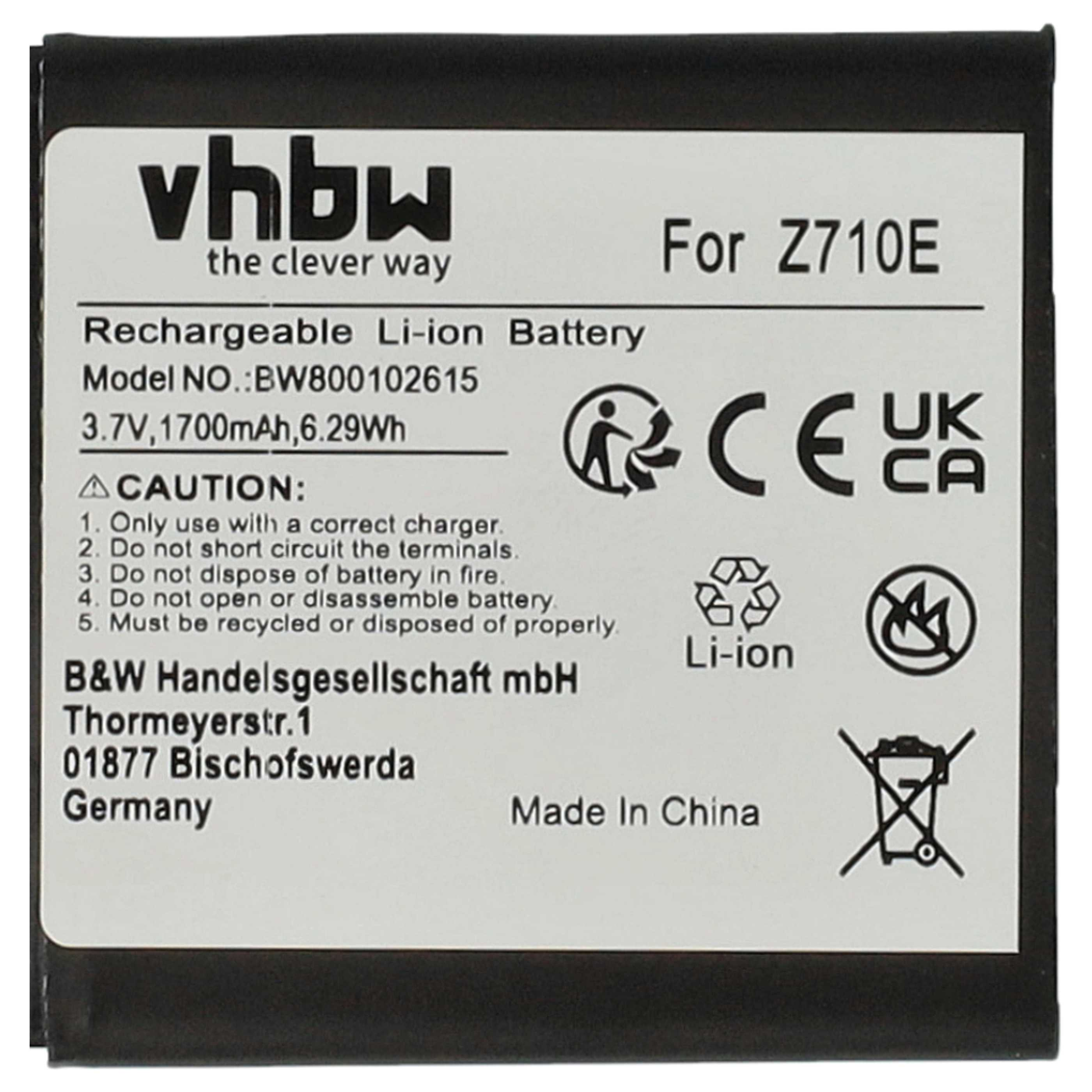 Akku mit Text: vhbw, For Z710E, wiederaufladbar Li-Ion, 3,7V, 1700mAh, Made in China, und mehrere Sicherheitssymbole.