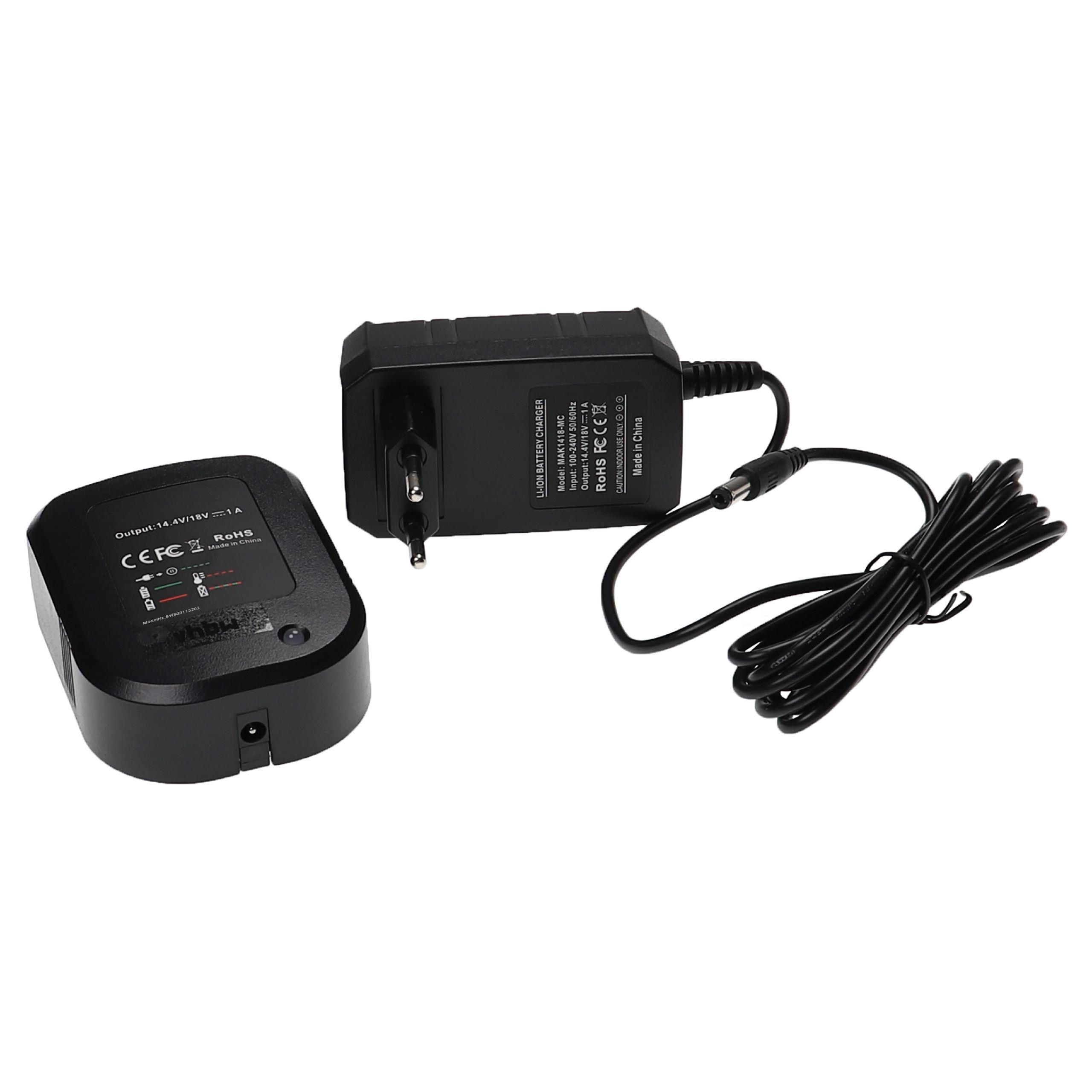 Schwarzes Batterieladegerät und Akkupack mit schwarzem Kabel. Weißer Hintergrund.