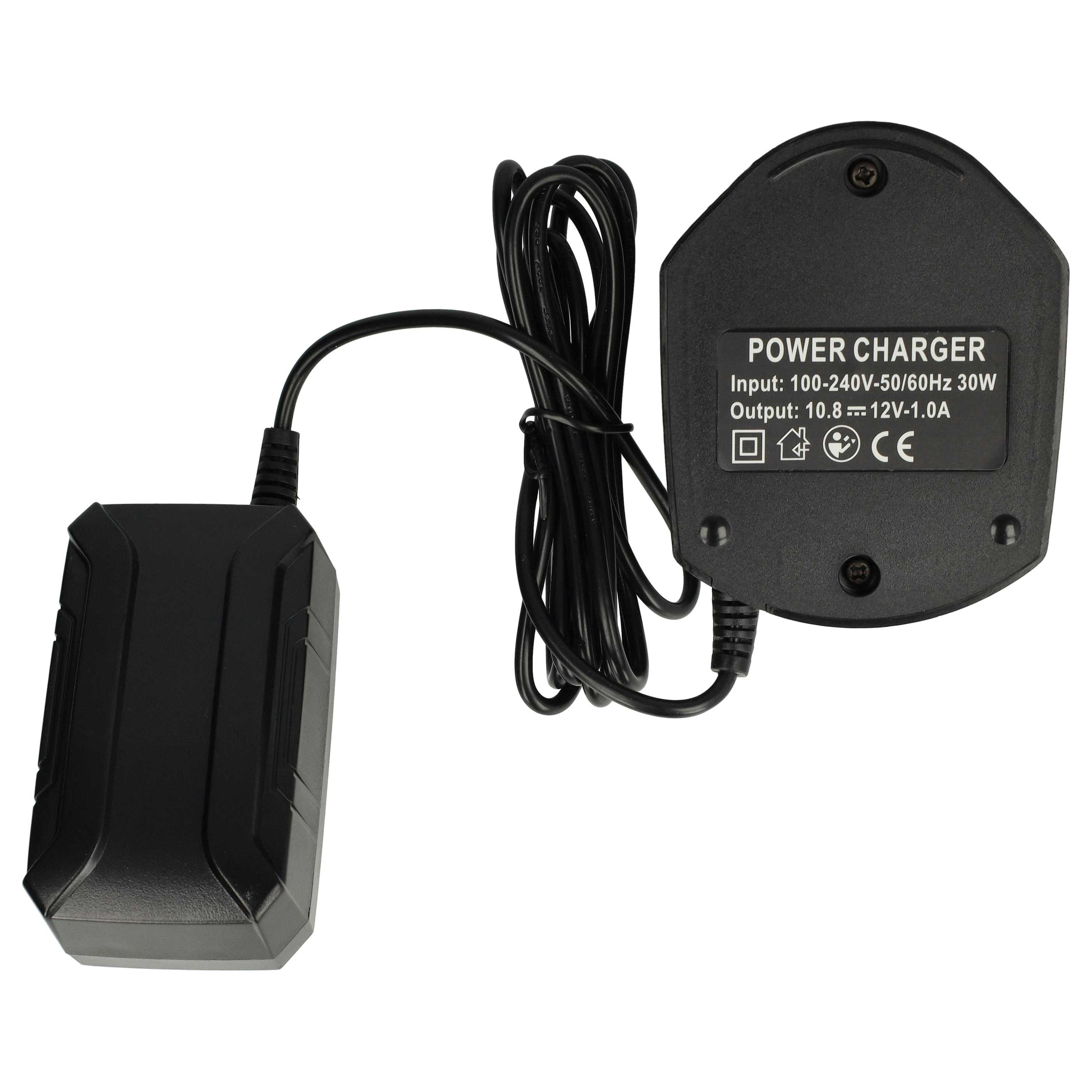 Schwarzes Ladegerät mit schwarzem Kabel und zwei schwarzen Kästen. Das Ladegerät hat Text: POWER CHARGER.