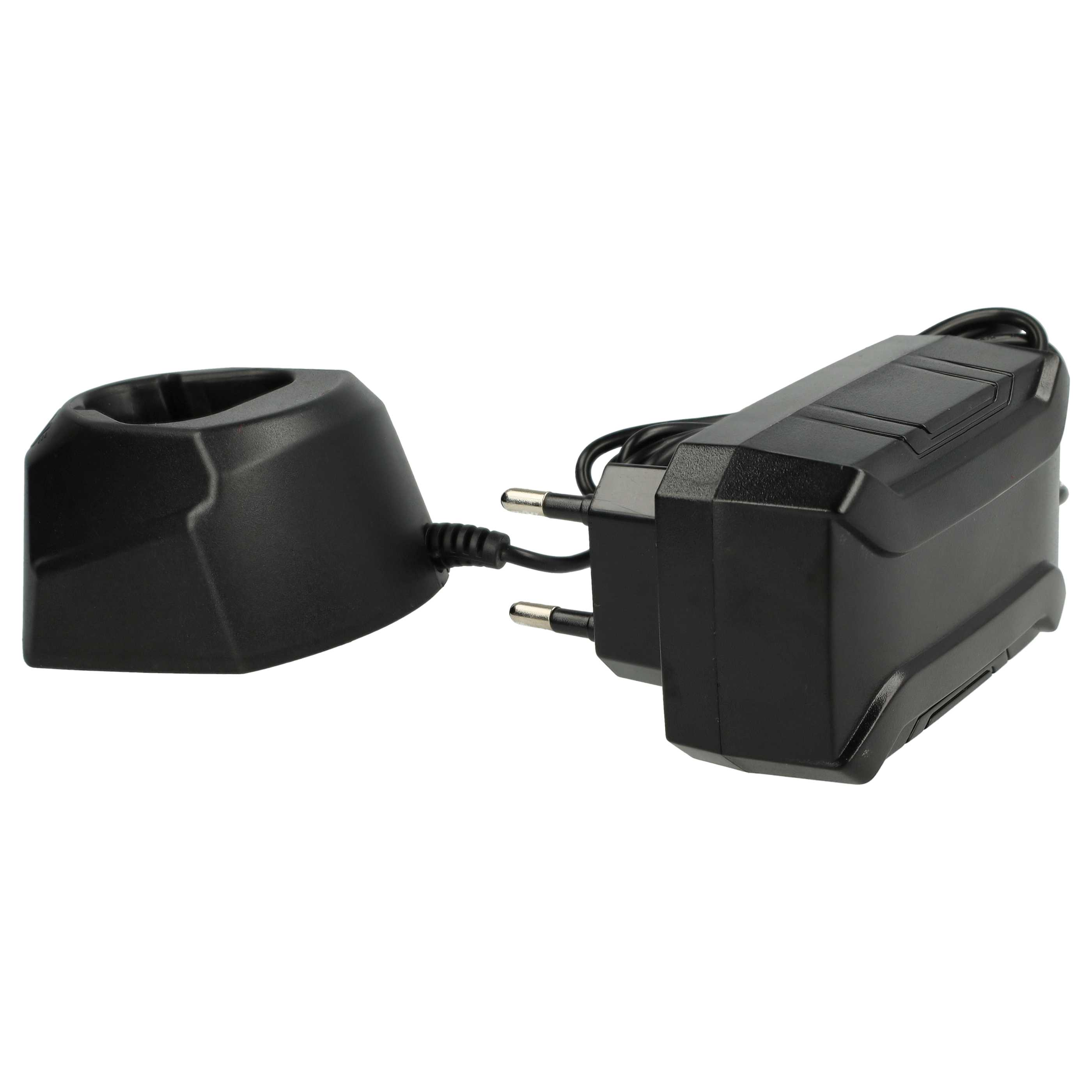 Auf weißem Grund befinden sich eine schwarze Ladestation und ein Netzteil. Der Adapter hat Stifte.