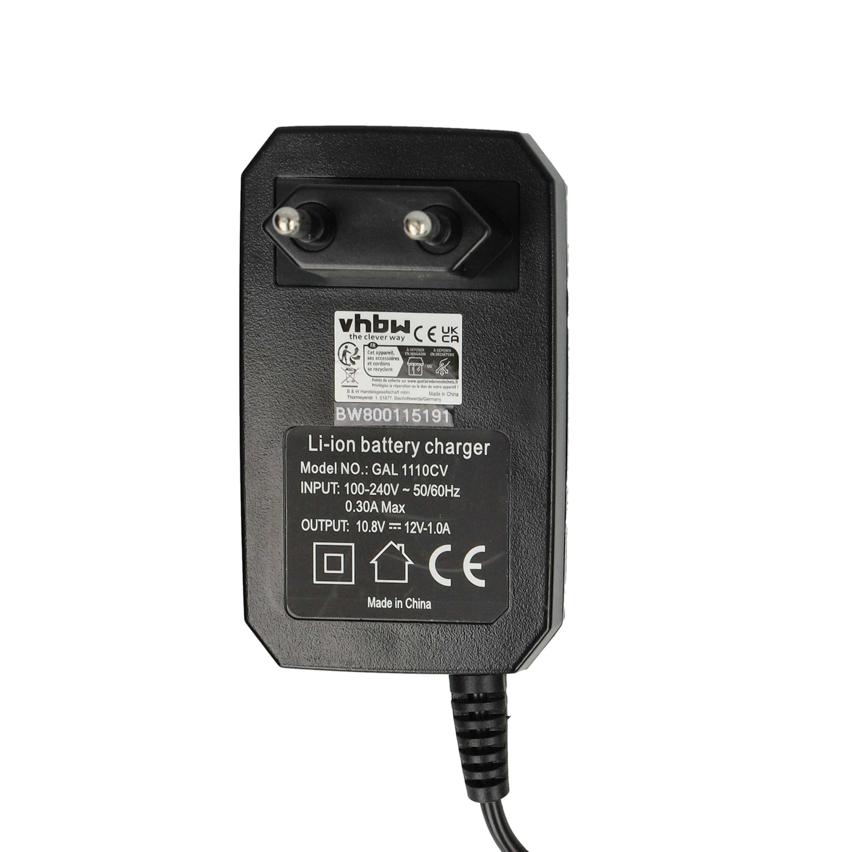 Schwarzes Li-Ionen-Batterieladegerät mit Text, Stecker und Kabel. Etikett zeigt Modell, Eingang, Ausgang und Sicherheitszeichen.