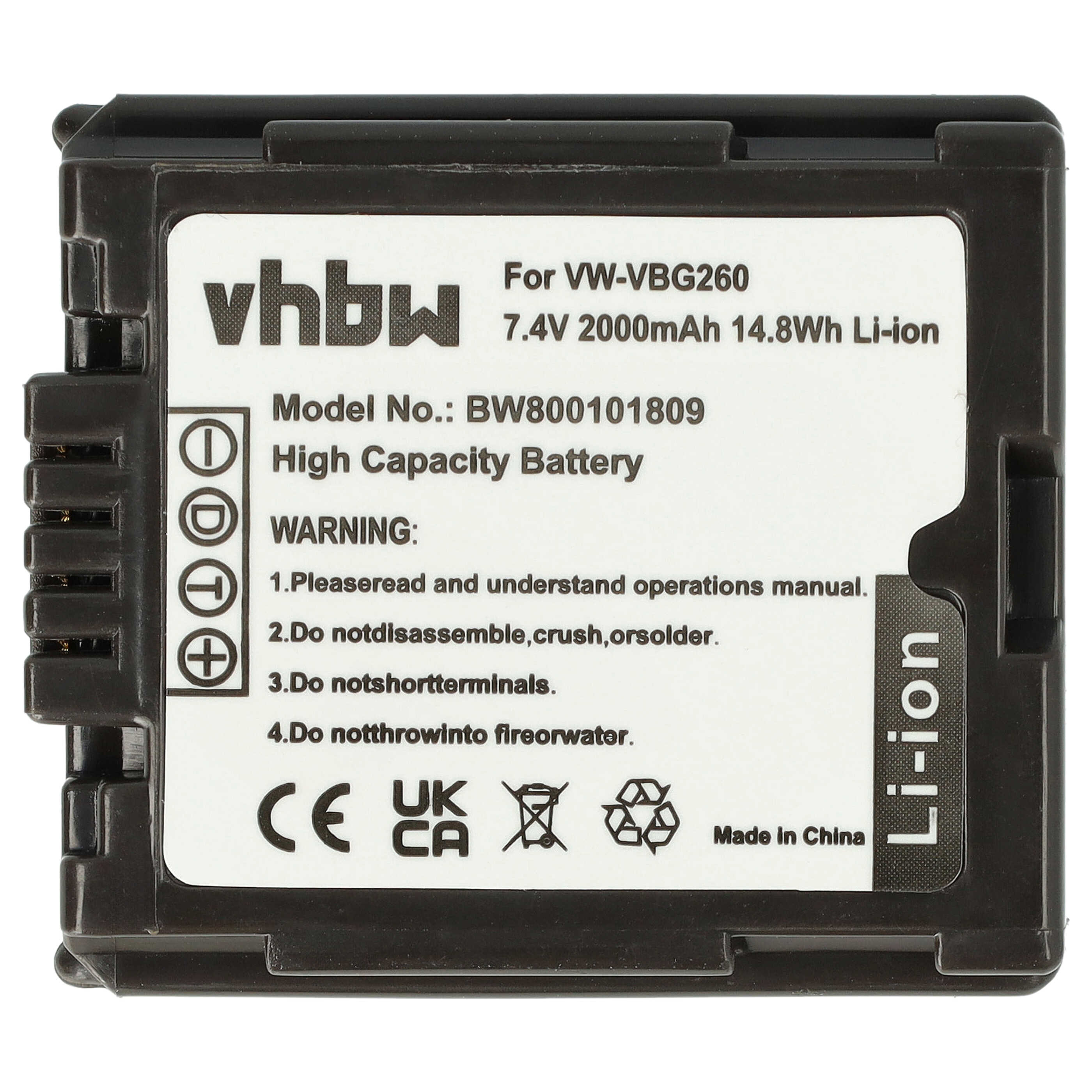 Schwarzer rechteckiger Akku mit weißem Etikett, Text: vhbw, 7,4 V, 2000 mAh, 14,8 Wh Li-Ion. Warnhinweise und Symbole sind aufgedruckt.