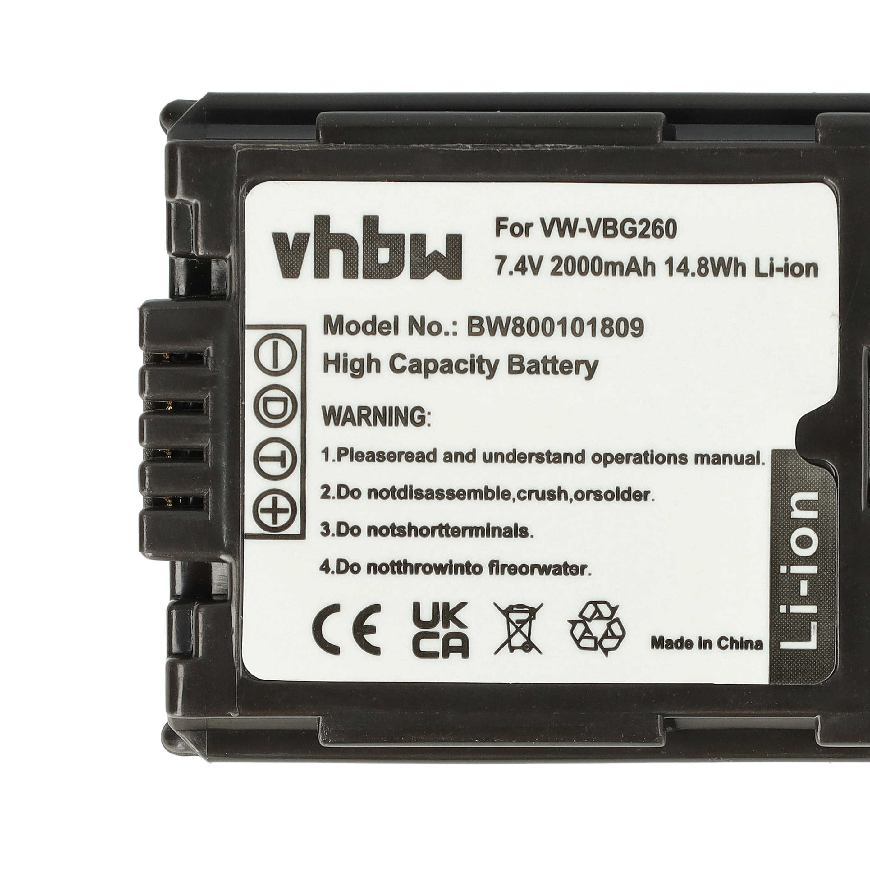 Schwarzer Akku mit weißem Etikett, Text: vhbw, Für VW-VBG260, 7,4 V 2000 mAh 14,8 Wh Li-Ion, Hergestellt in China, und Warnhinweise.