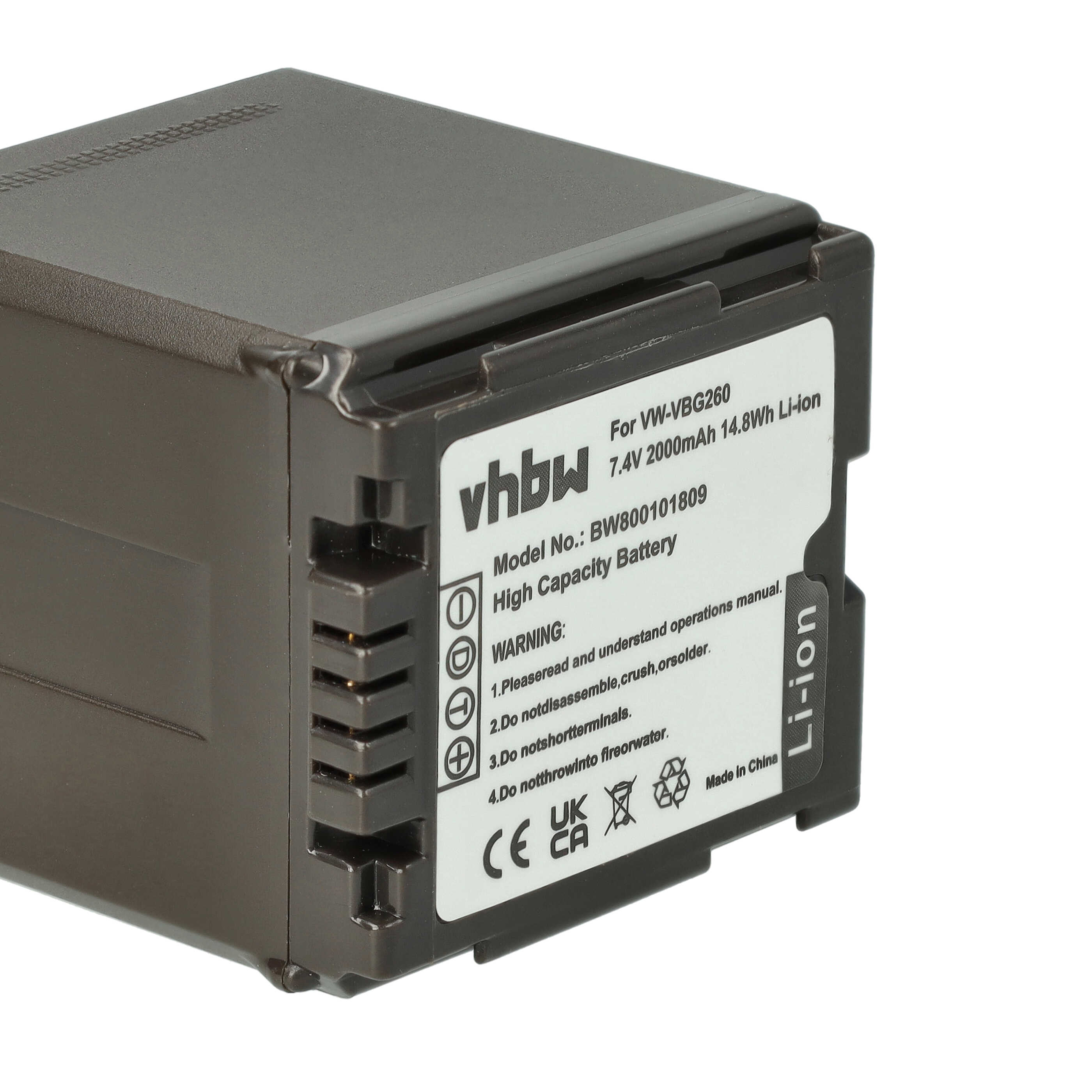 Ein brauner vhbw-Akku, Modell VW-VBG260, 7,4 V 2000 mAh 14,8 Wh Li-Ion. Er hat Warnhinweise und wird in China hergestellt.