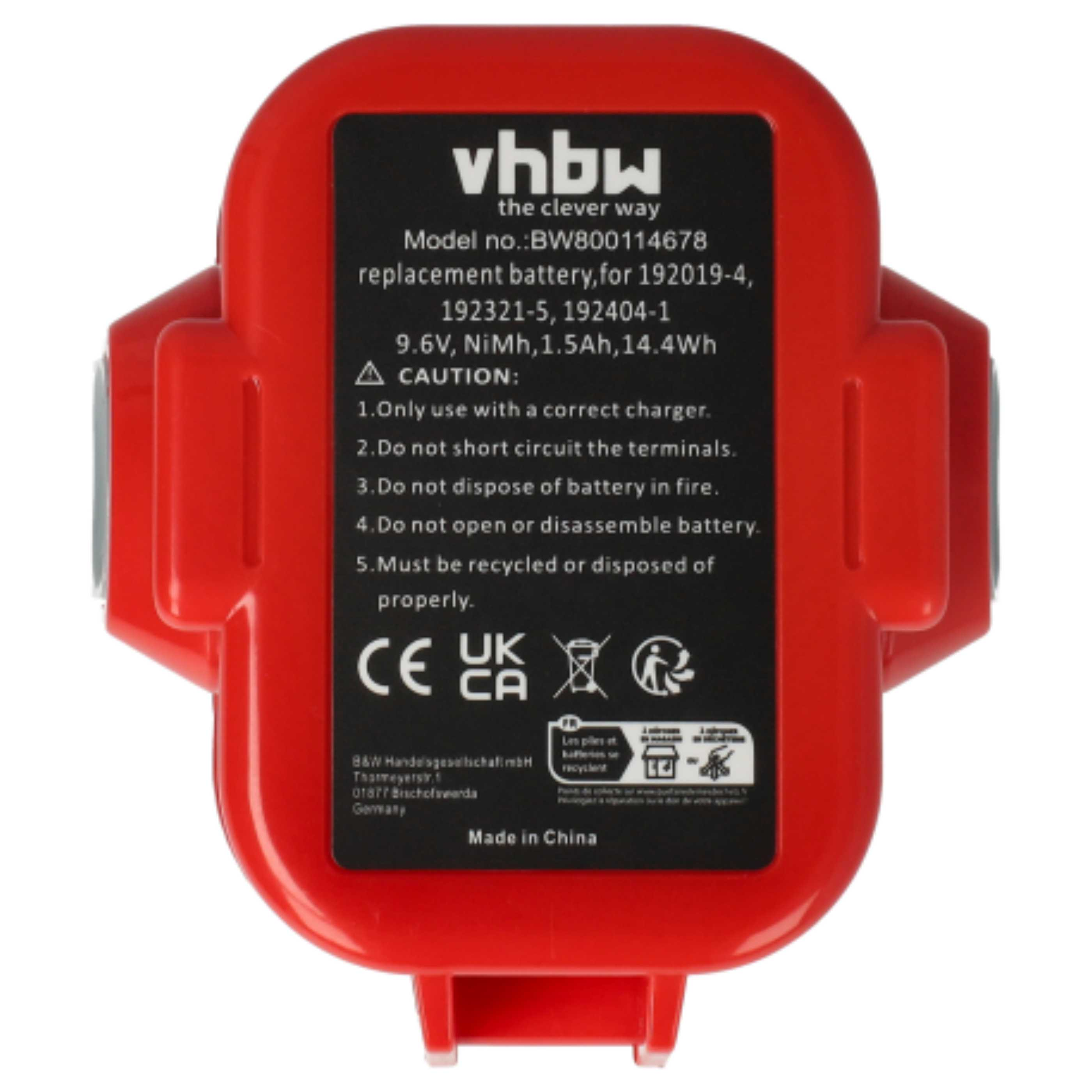 Ein rotes Akkupack mit schwarzem Etikett. Der Text enthält Modellinformationen, Warnhinweise und Recycling-Symbole. Hergestellt in China.