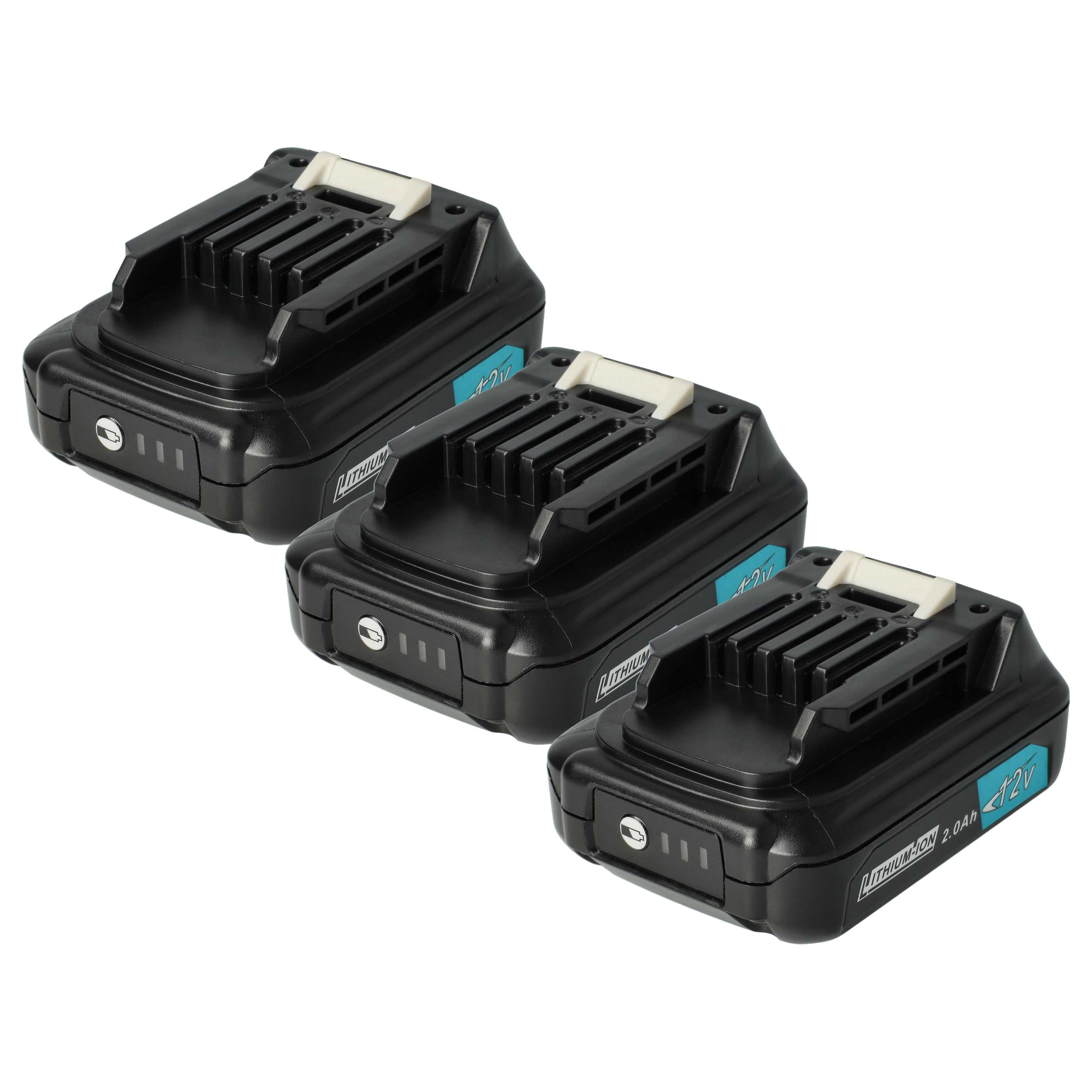 Drei schwarze Akkus mit weißen und blauen Akzenten auf weißem Hintergrund. Sie haben eine geriffelte Oberseite und eine Batterieanzeige.