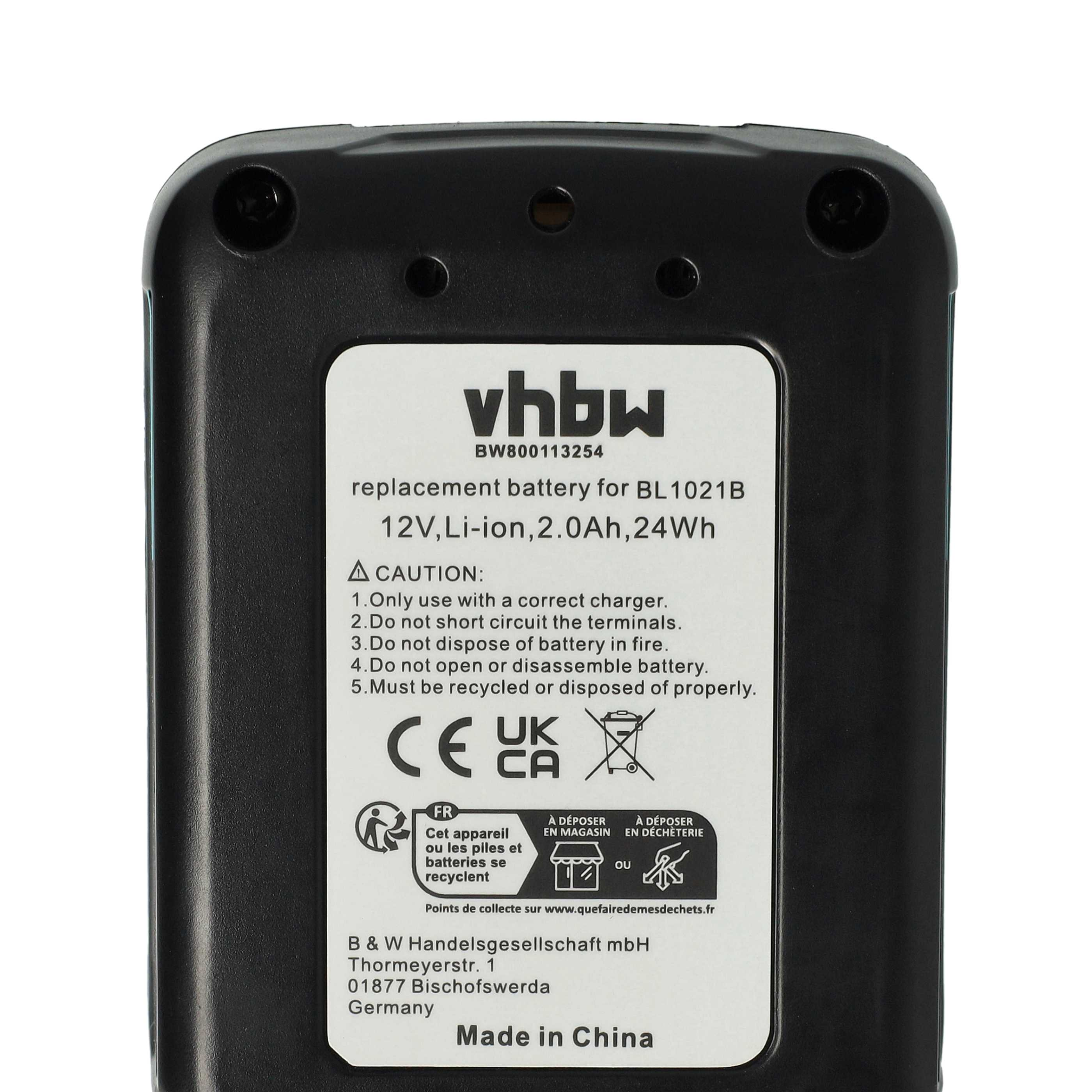 Schwarzer Akku mit weißem Etikett, Text enthält 'vhbw', '12V, Li-ion' und Recyclinghinweise.