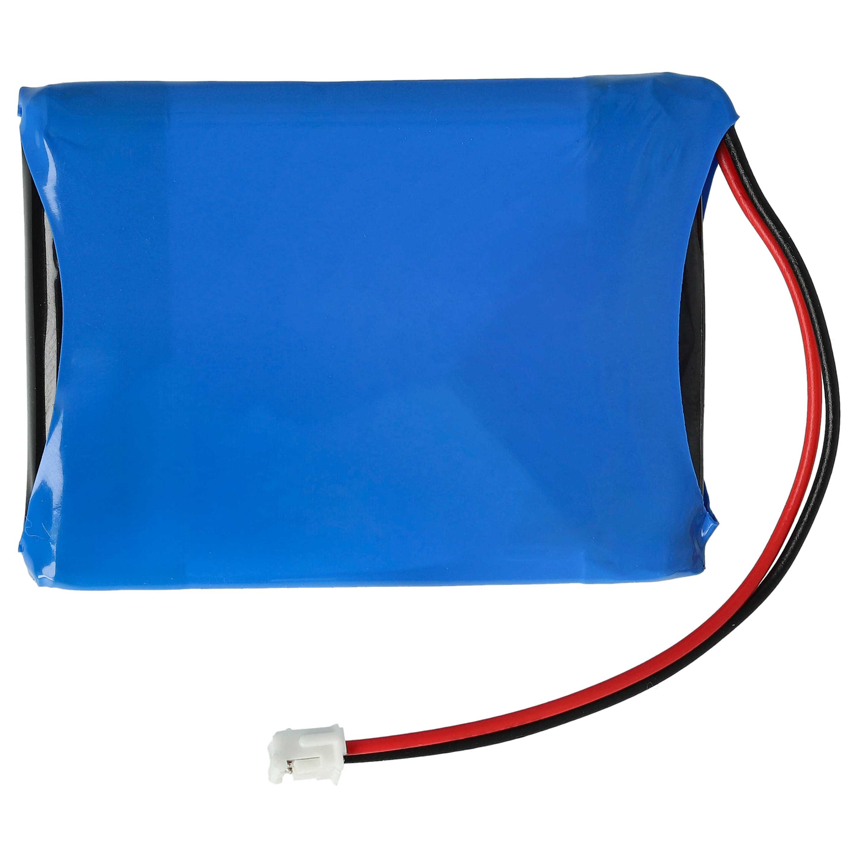 Ein blaues Akku-Pack mit schwarzen Seiten und rot/schwarzen Drähten, weißer Stecker unten.