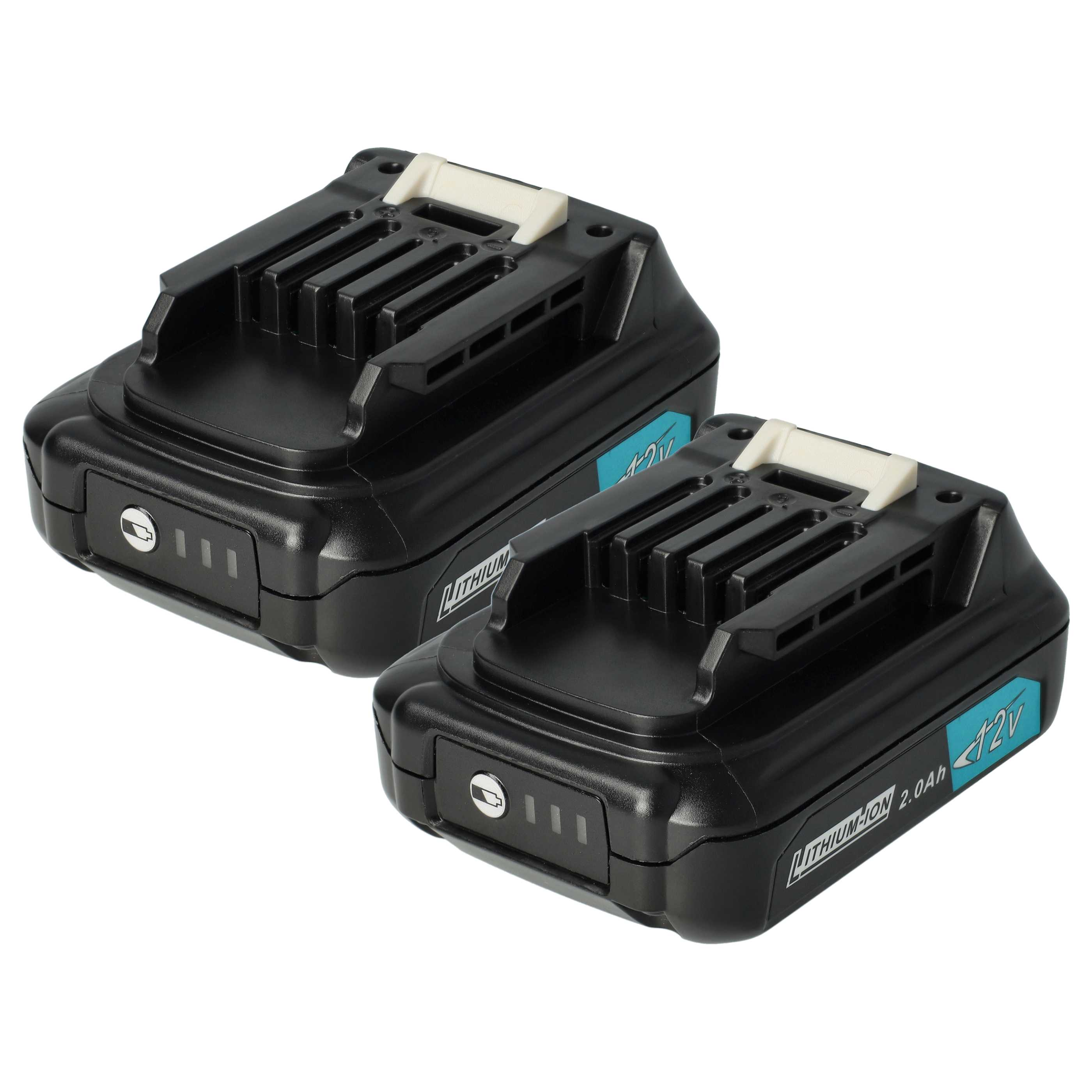 Zwei schwarze 12-V-Lithium-Ionen-Akkus. Jeder hat eine weiße Oberseite, eine Batterieanzeige und eine Leistungsanzeige.