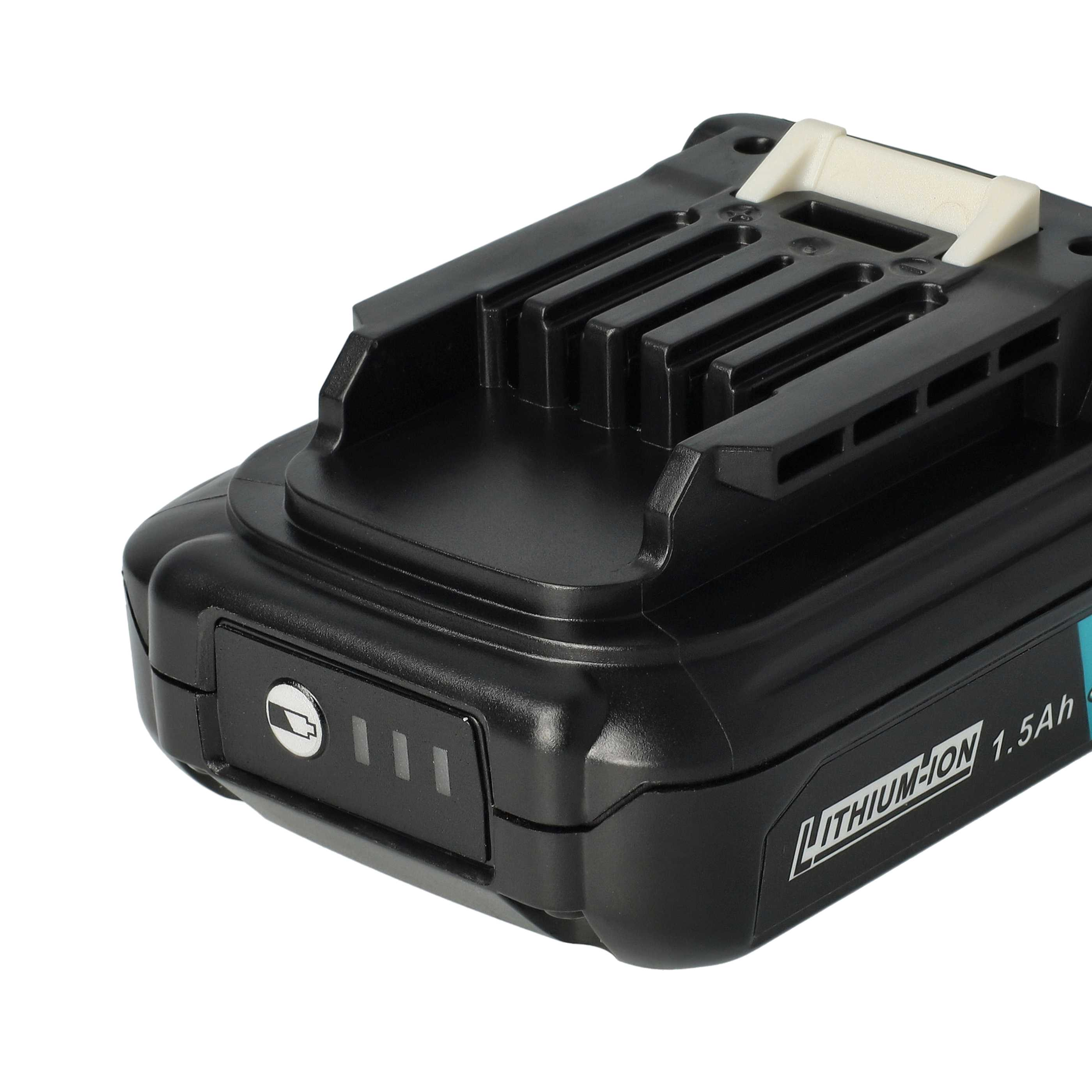 Schwarzer Akku mit weißen Akzenten. Die Seite zeigt eine Batteriestandsanzeige und die Aufschrift Lithium-Ion 1,5 Ah.