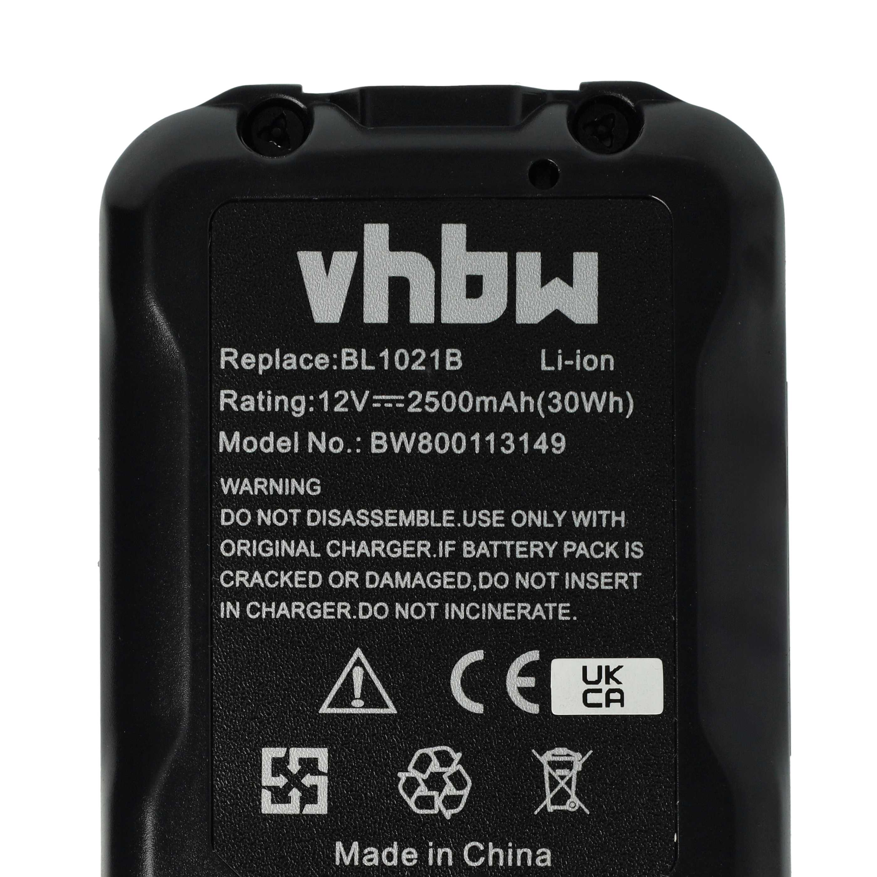 Schwarze Batterie mit weißem Text. Enthält Warnhinweise, Modellinformationen und Logos.