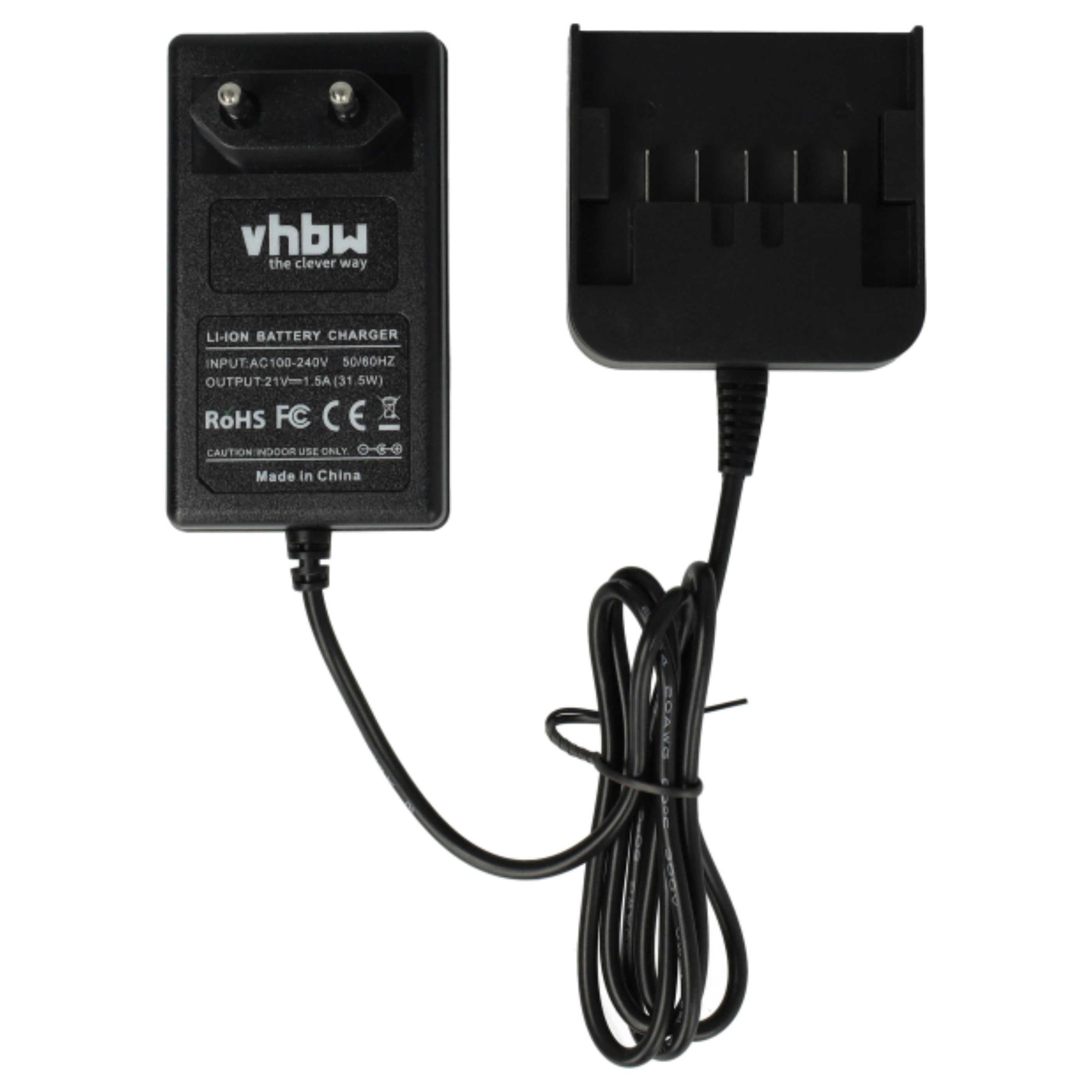Ein schwarzes Batterieladegerät mit Stecker, Ladeanschluss und schwarzem Kabel. Auf dem Ladegerät steht 'vhbw' und 'Li-Ion Battery Charger'.