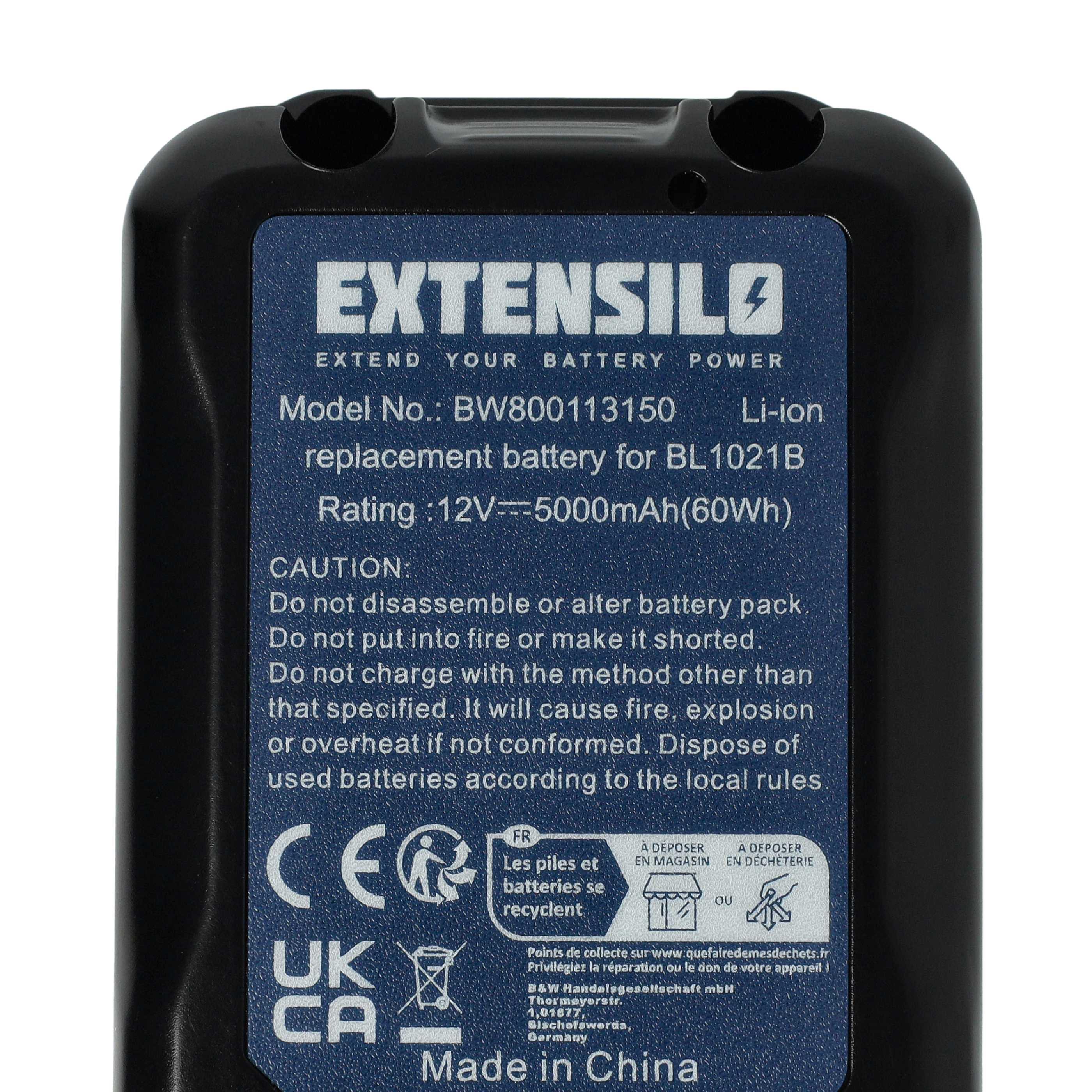 Ein schwarzer Akku mit blauem Etikett. Text enthält EXTENSIL, Modellnummer und Warnhinweise.