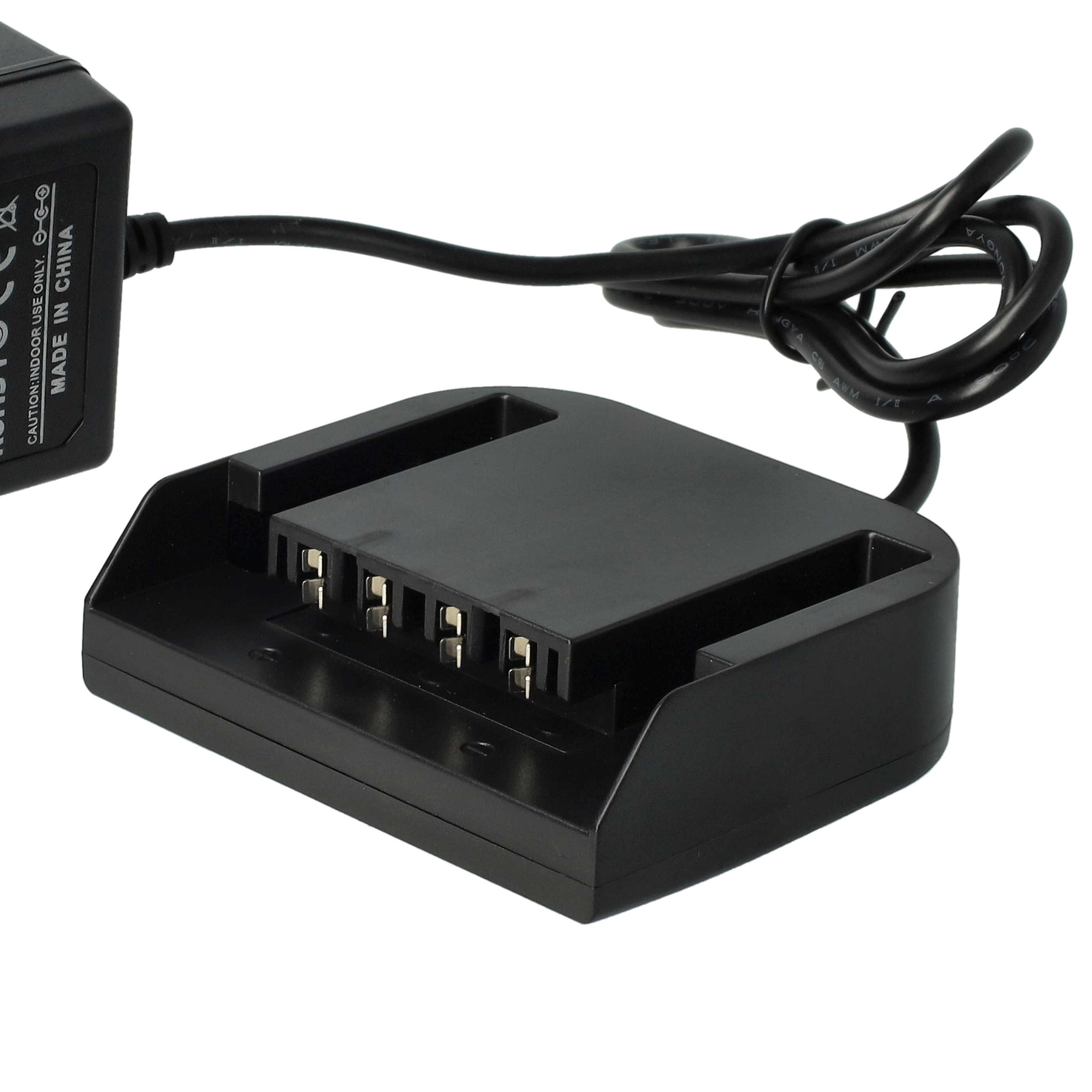 Schwarzes Ladegerät mit Ladestation und schwarzem Kabel auf weißem Hintergrund. Auf dem Ladegerät steht 'Made in China'.