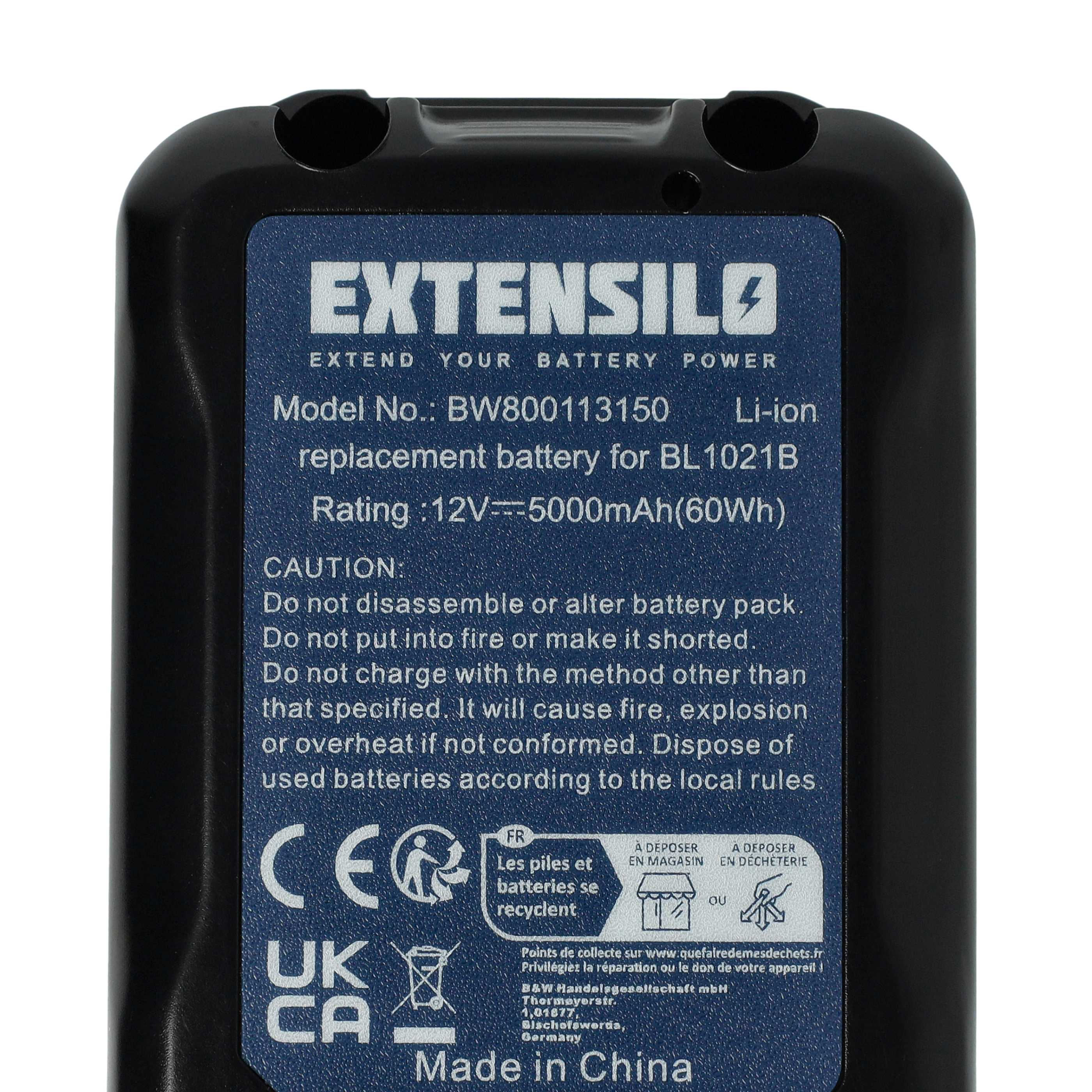 Schwarzer Extensilo-Akku mit Text, Modell BW800113150, Li-Ion. Hergestellt in China. Enthält Warnhinweise und Recycling-Symbole.