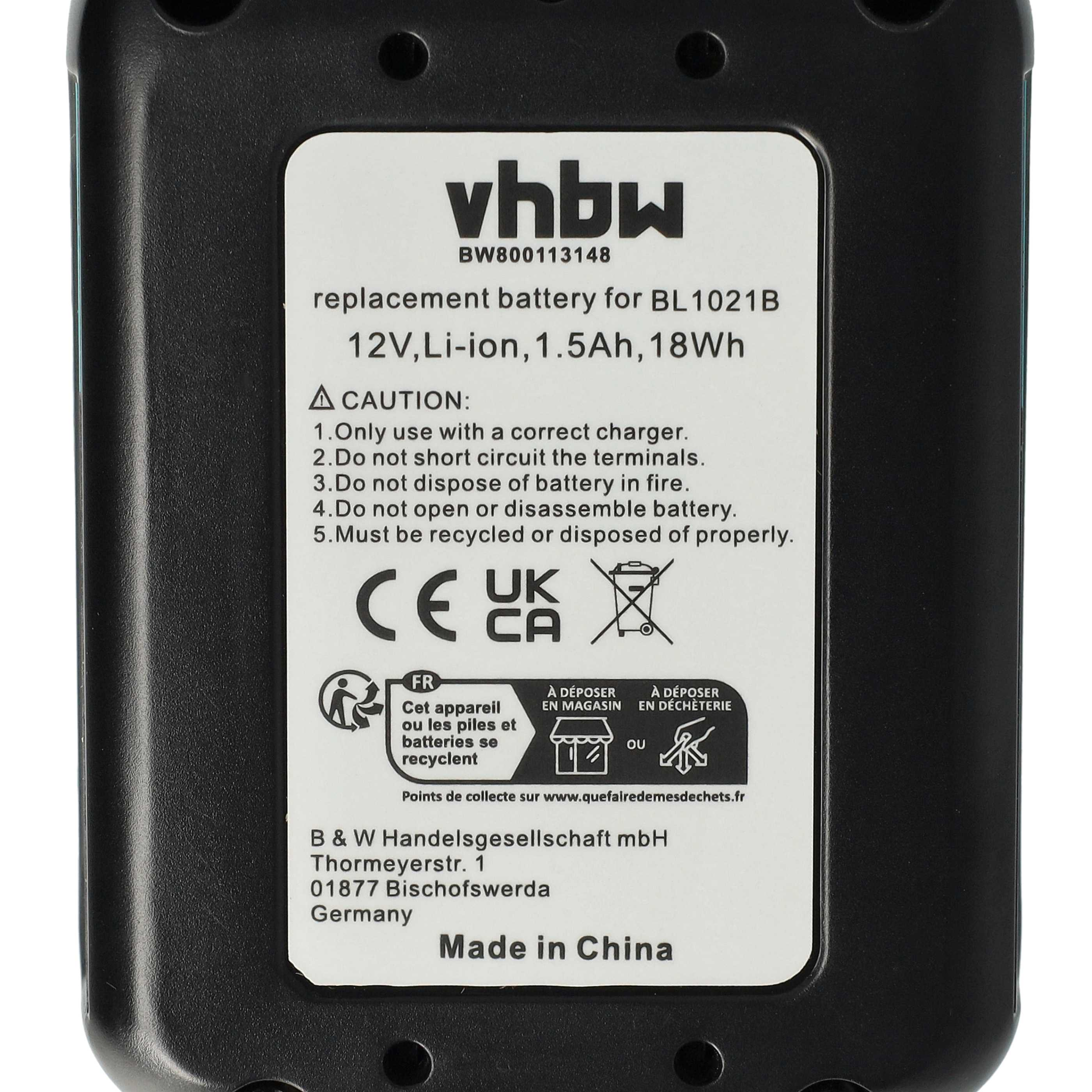 Ein Batterieetikett mit Text wie 'vhbw', '12V Li-ion' und Recycling-Symbolen. Schwarzer Kunststoffrahmen.