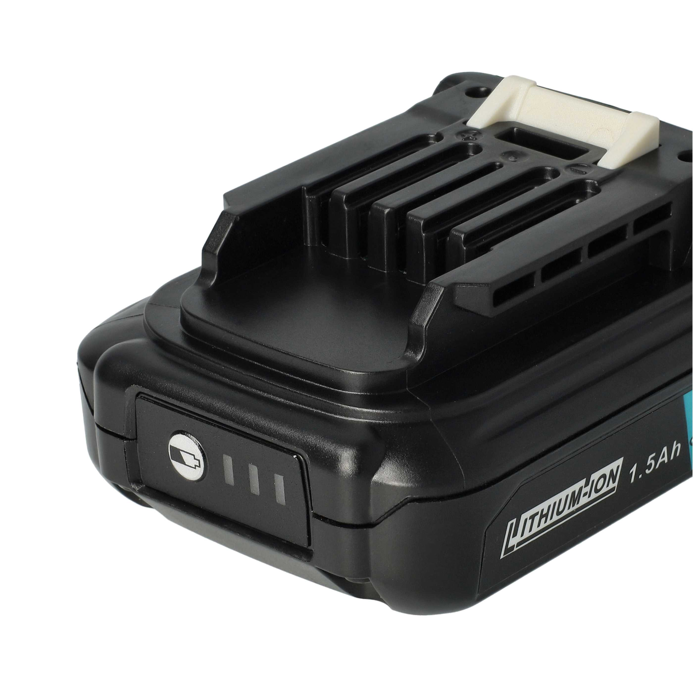 Ein schwarzer Lithium-Ionen-Akkupack mit weißem Griff. Er hat eine Leistungsanzeige und Text: 'LITHIUM-ION 1.5Ah'.