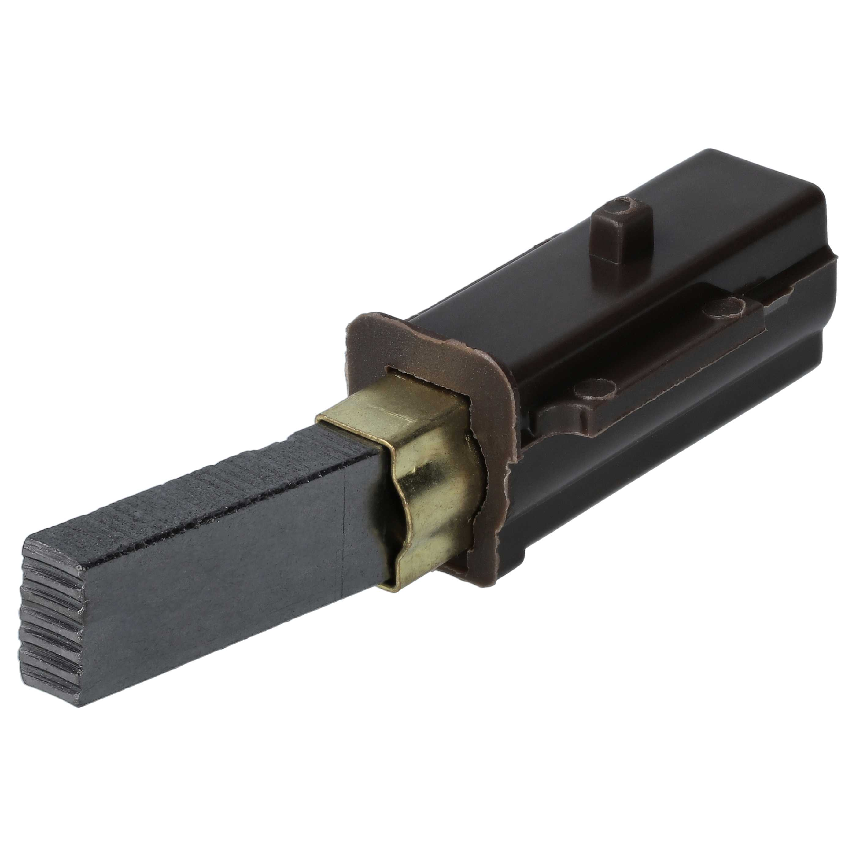Ein dunkelbrauner Motorbürstenhalter mit einem rechteckigen schwarzen Kohleblock und Metallhalterung, auf weißem Hintergrund.