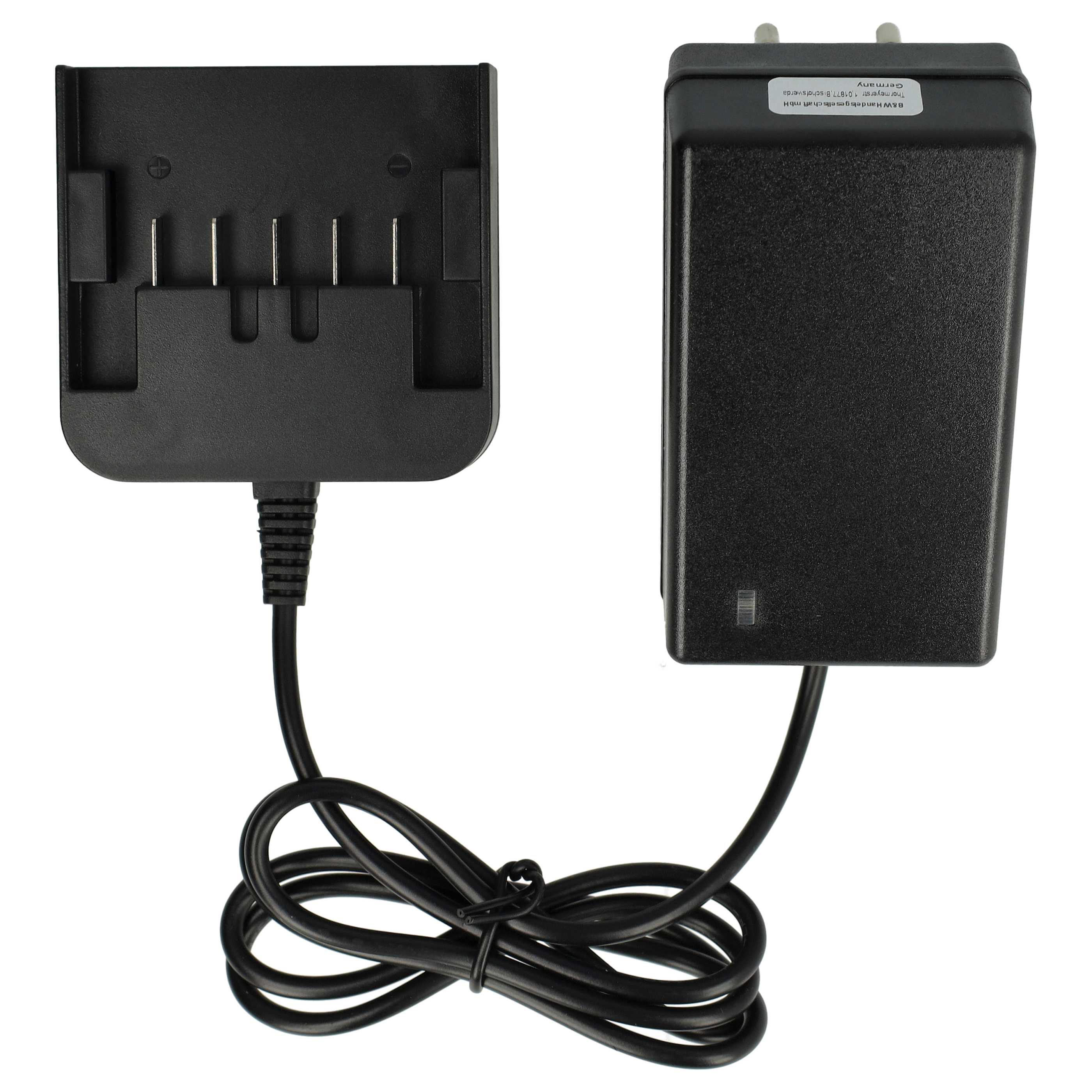 Schwarzes Ladegerät mit zwei Teilen, einer Ladestation und einem Netzteil, verbunden durch ein schwarzes Kabel, weißer Hintergrund.