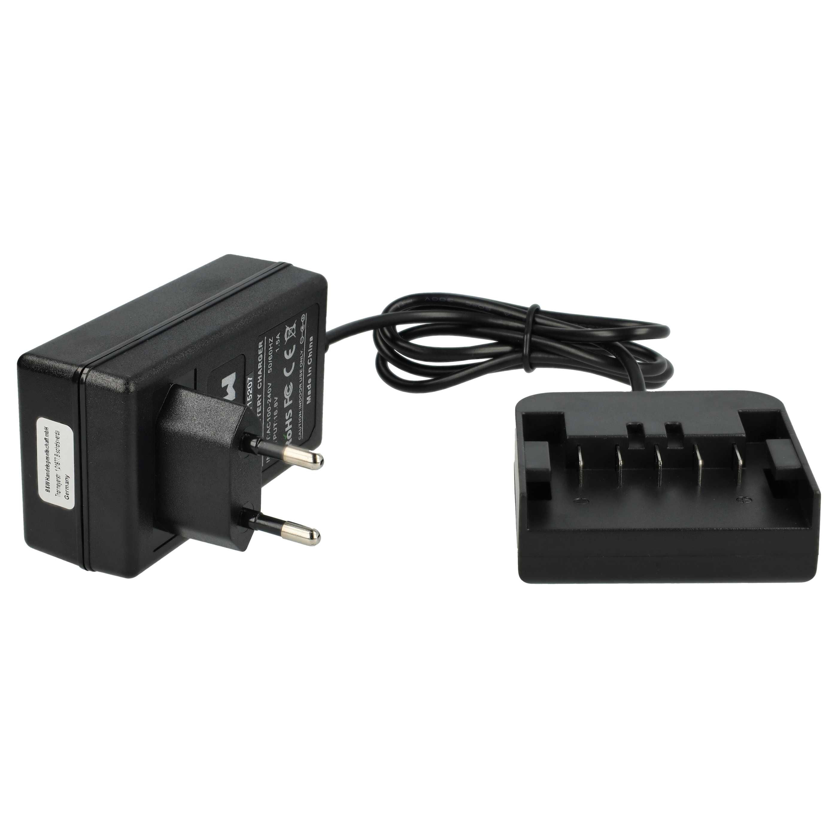 Ein schwarzes Ladegerät mit Stecker und separater Ladestation, verbunden durch ein schwarzes Kabel. Das Etikett ist sichtbar.
