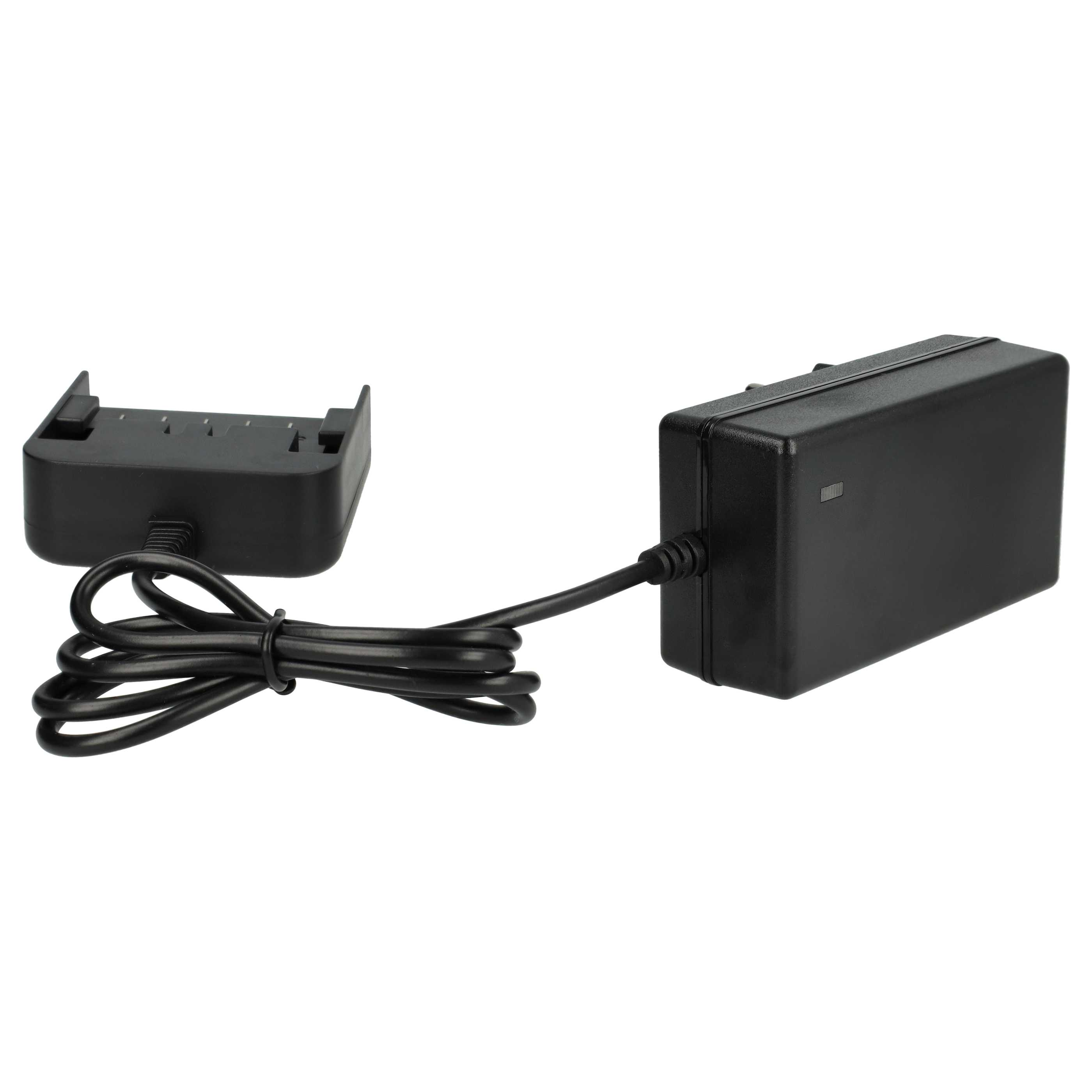 Schwarzes Netzteil mit Stecker, Kabel und Ladestation vor weißem Hintergrund.