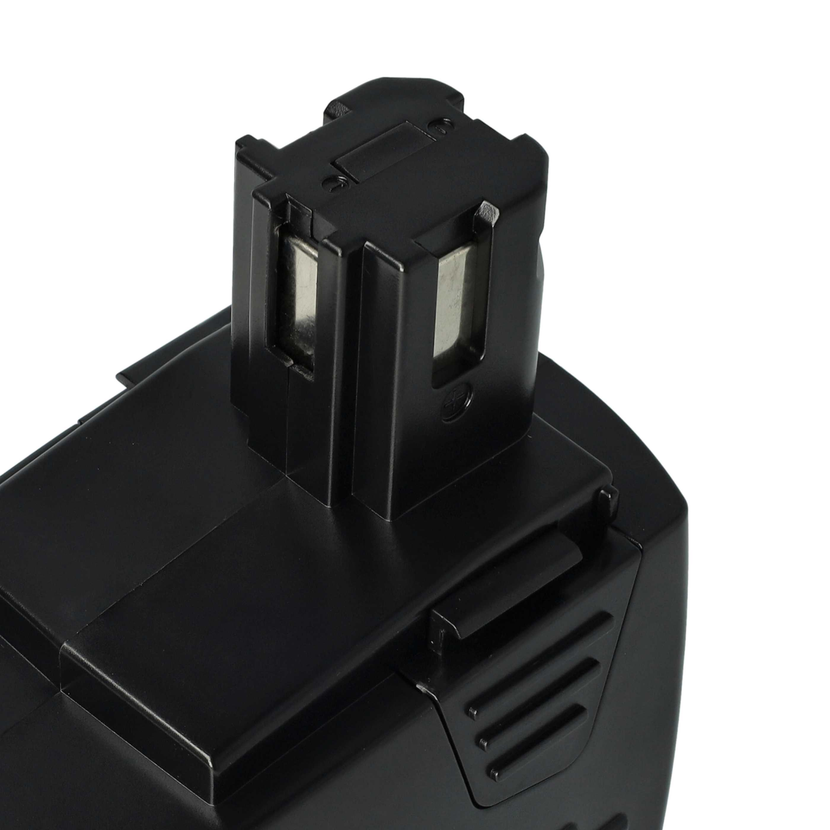Ein schwarzer Elektrowerkzeug-Akku mit rechteckiger Form wird vor weißem Hintergrund gezeigt. Details des Akkus sind sichtbar.