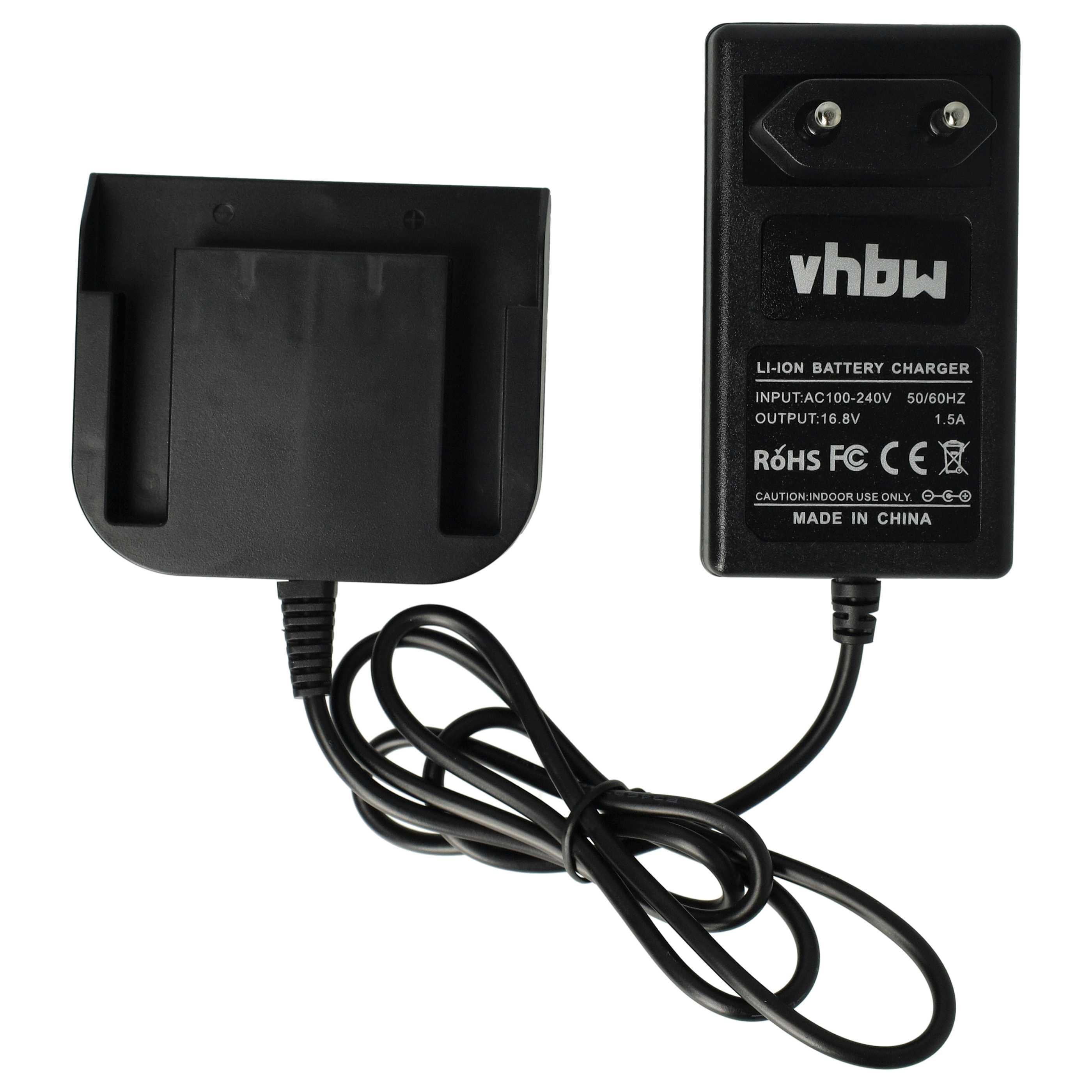 Schwarzes Batterieladegerät mit Stecker und Ladestation, verbunden durch ein schwarzes Kabel. Das Ladegerät hat Text.
