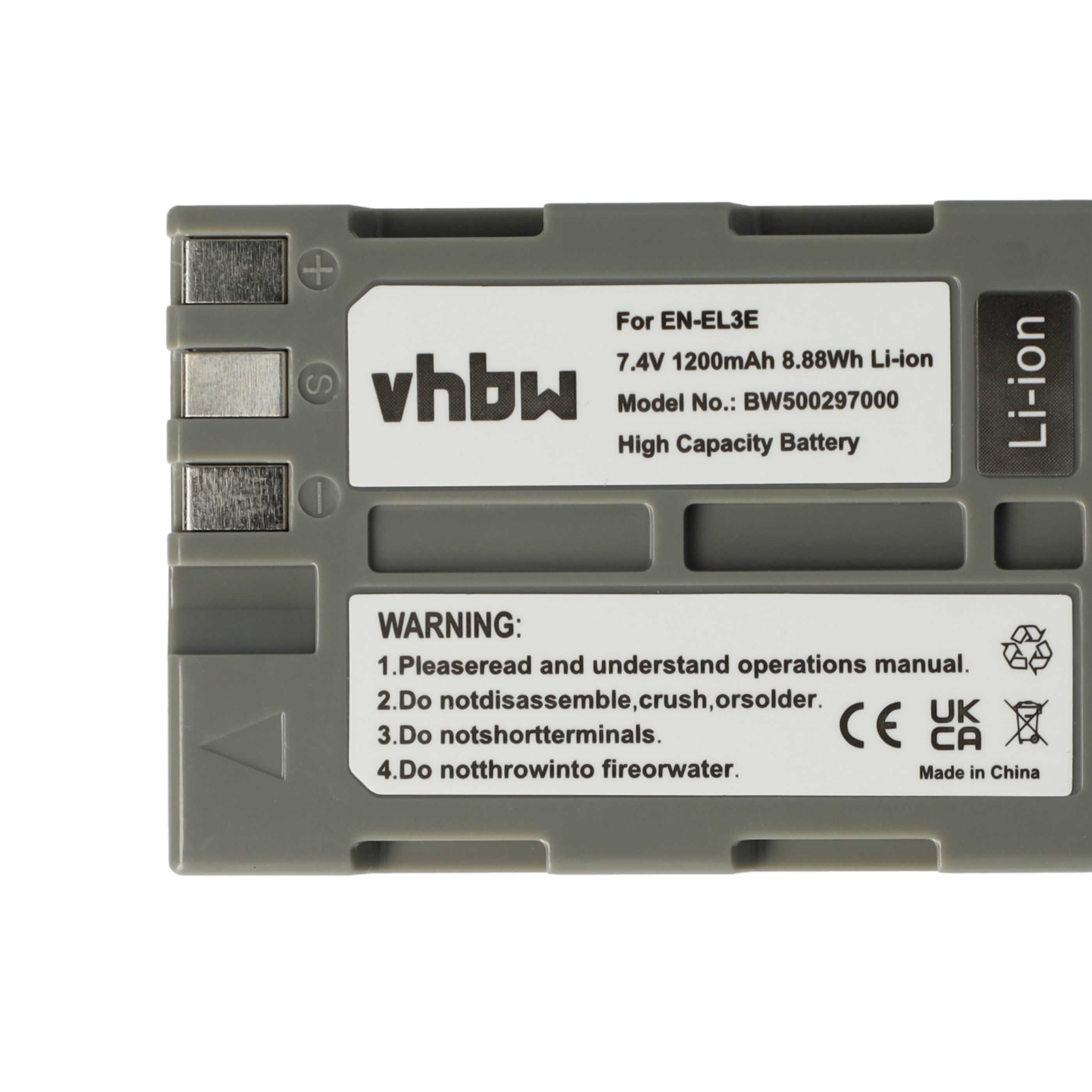 Ein graues vhbw-Akkupack mit weißem Text, einschließlich Warnungen und Spezifikationen wie 7,4 V und Li-Ion.