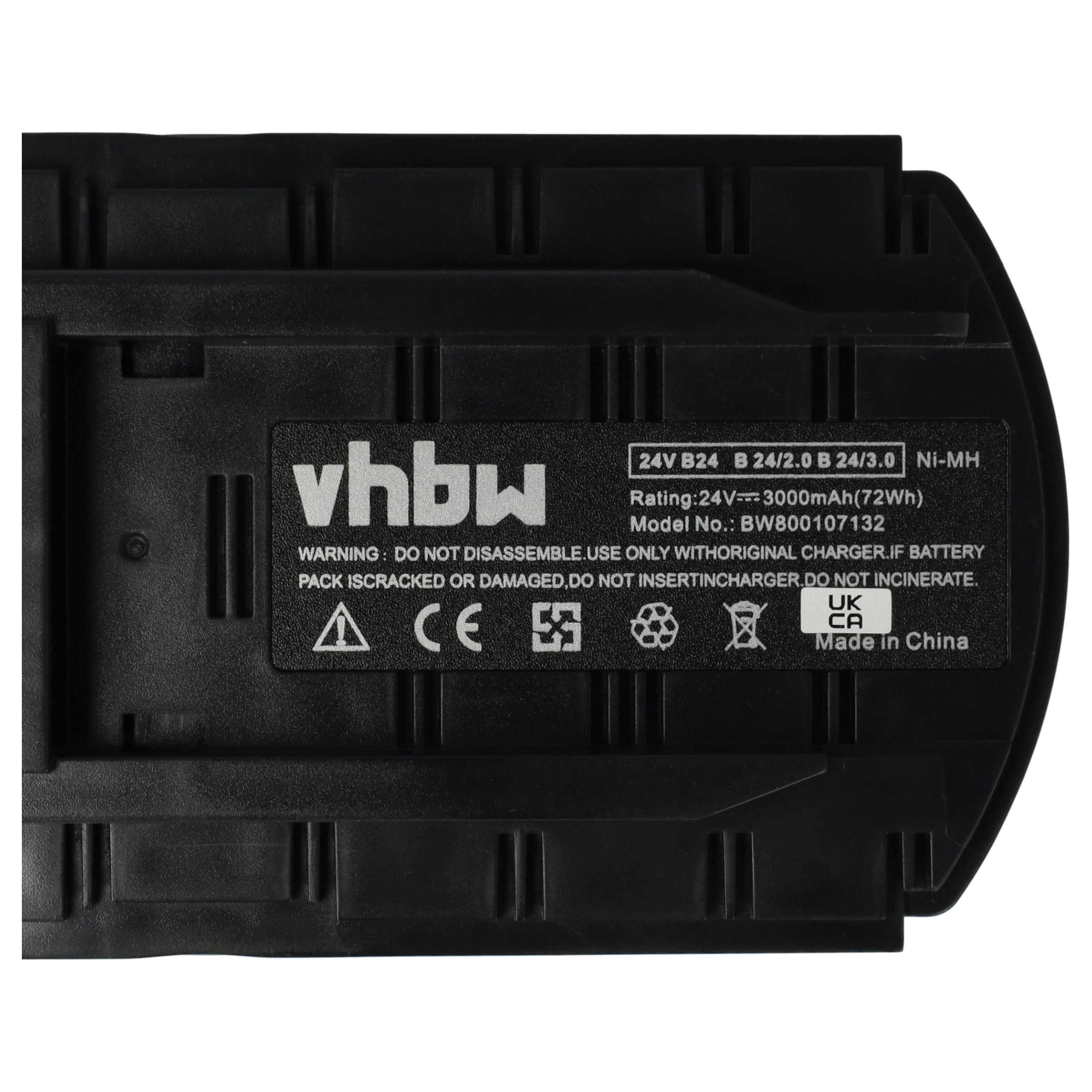 Schwarzer Akku. Es hat Text wie vhbw, 24V und andere Warnungen und Informationen über das Produkt.