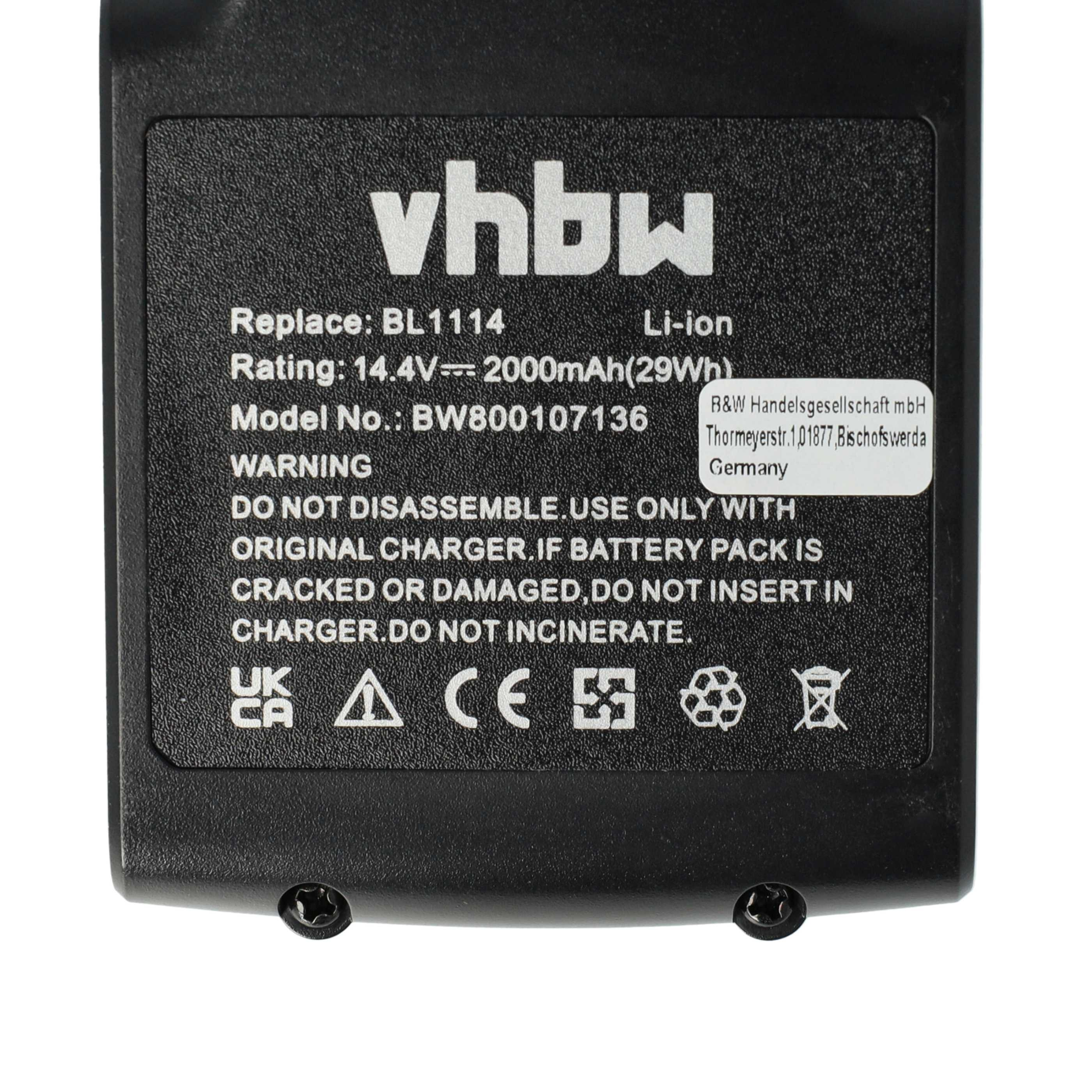 Schwarzes Batterieetikett mit weißem Text. Enthält Warnhinweise, Spezifikationen und Unternehmensdetails.