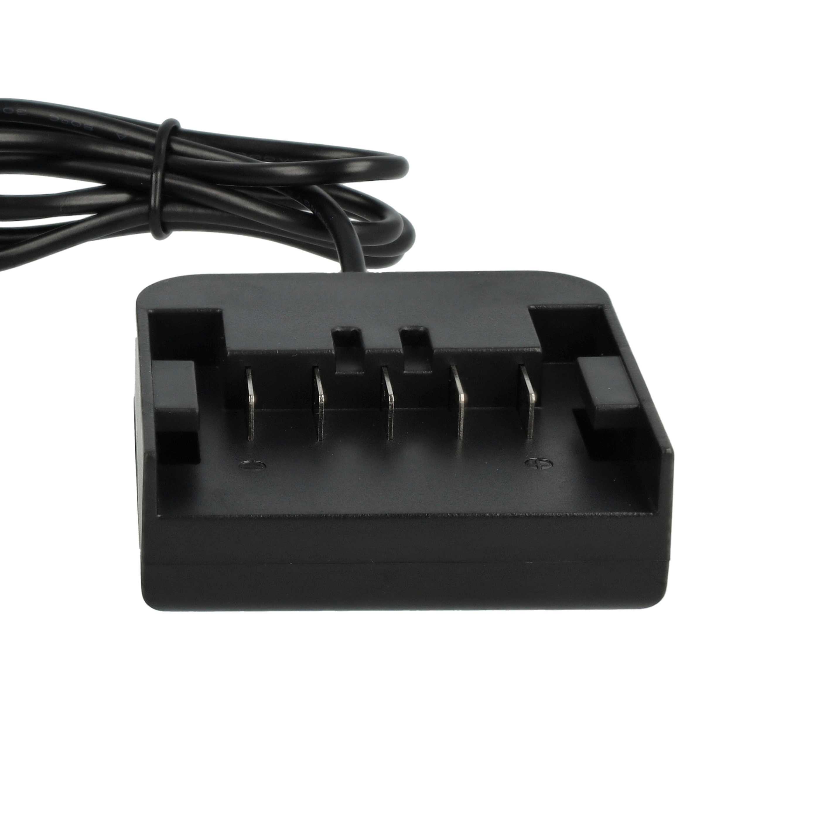 Schwarzes Ladegerät mit vier Stiften, schwarzes Kabel oben, weißer Hintergrund.