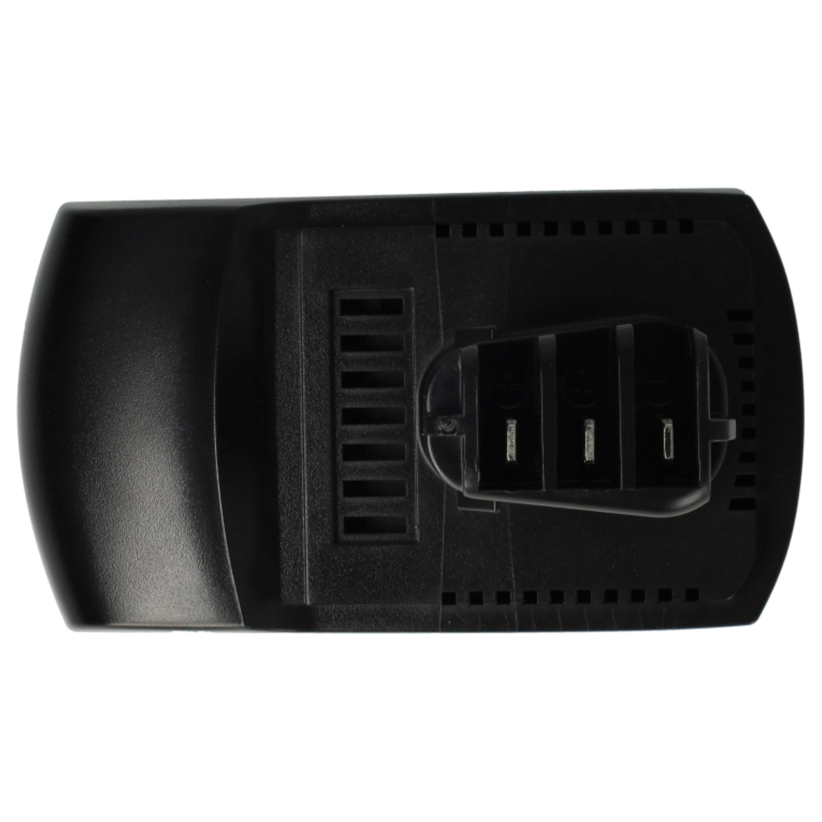 Ein schwarzer Elektrowerkzeug-Akku. Er hat einen Stecker mit drei Zinken, ein Lüftungsgitter und einen glatten, gebogenen Körper.