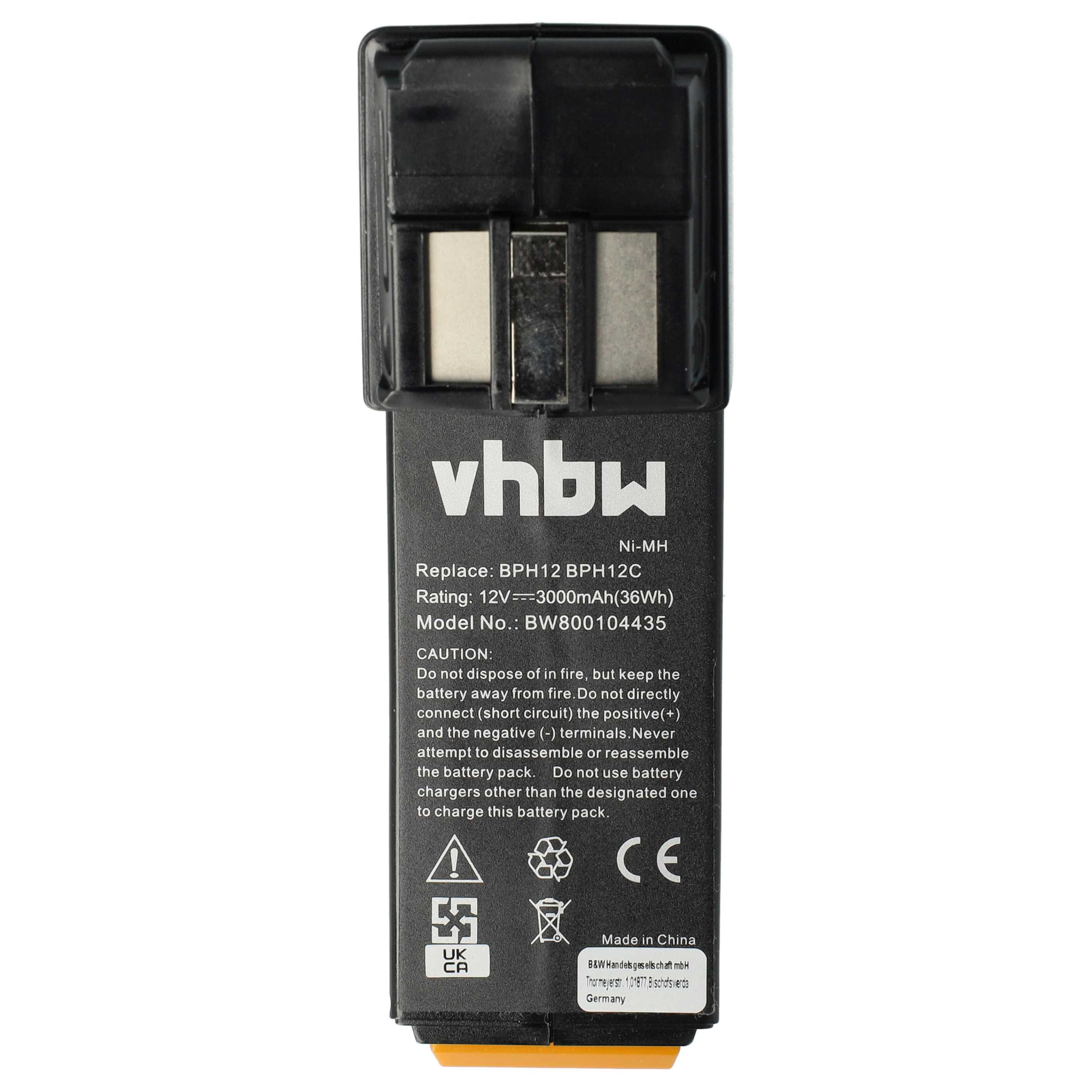 Schwarzer rechteckiger Akku mit Text, Logo und Warnsymbolen. Er ist mit vhbw, Ni-MH, 12V und Made in China beschriftet.
