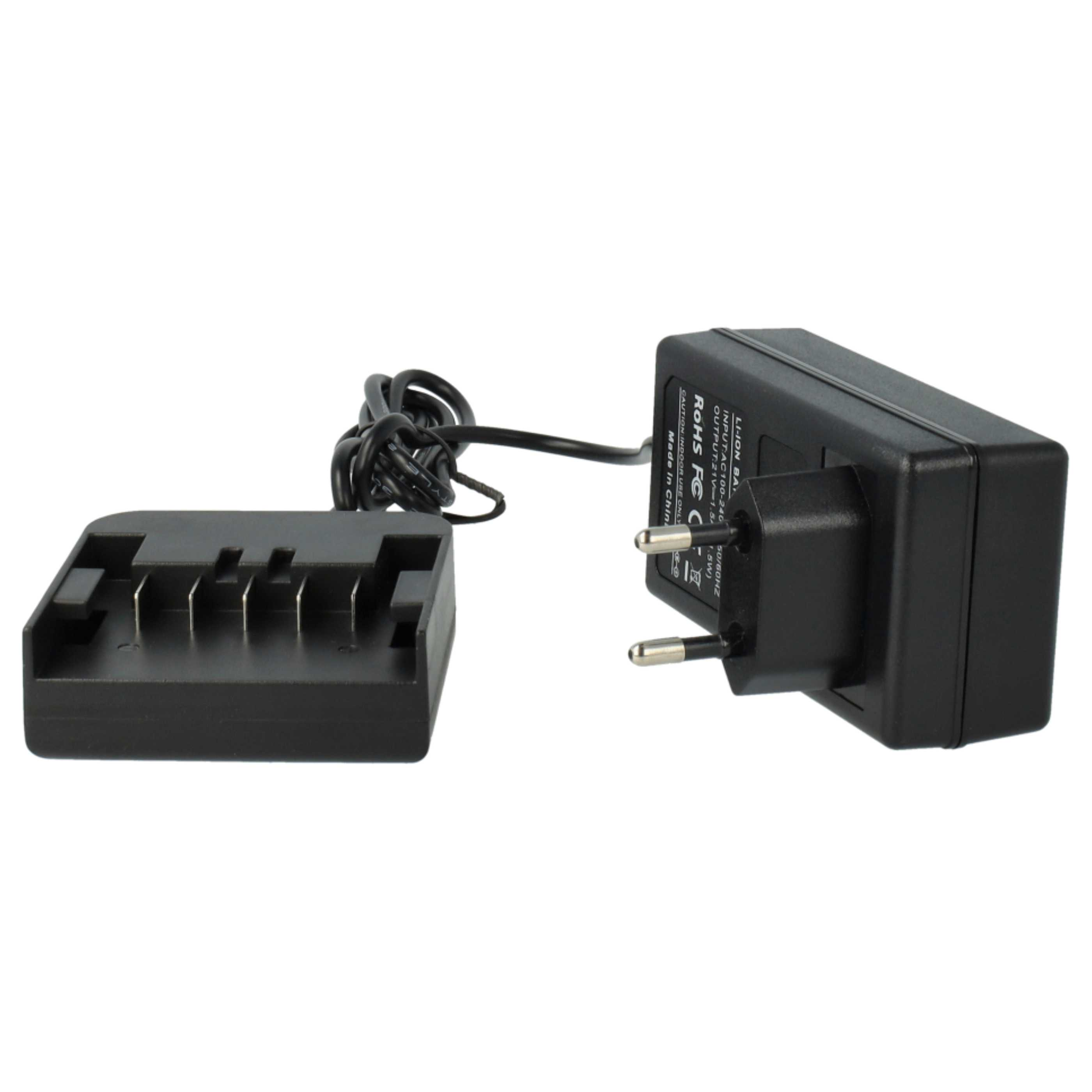 Schwarzes Ladegerät mit zwei Teilen, die durch ein schwarzes Kabel verbunden sind. Der rechte Teil hat einen Stecker.