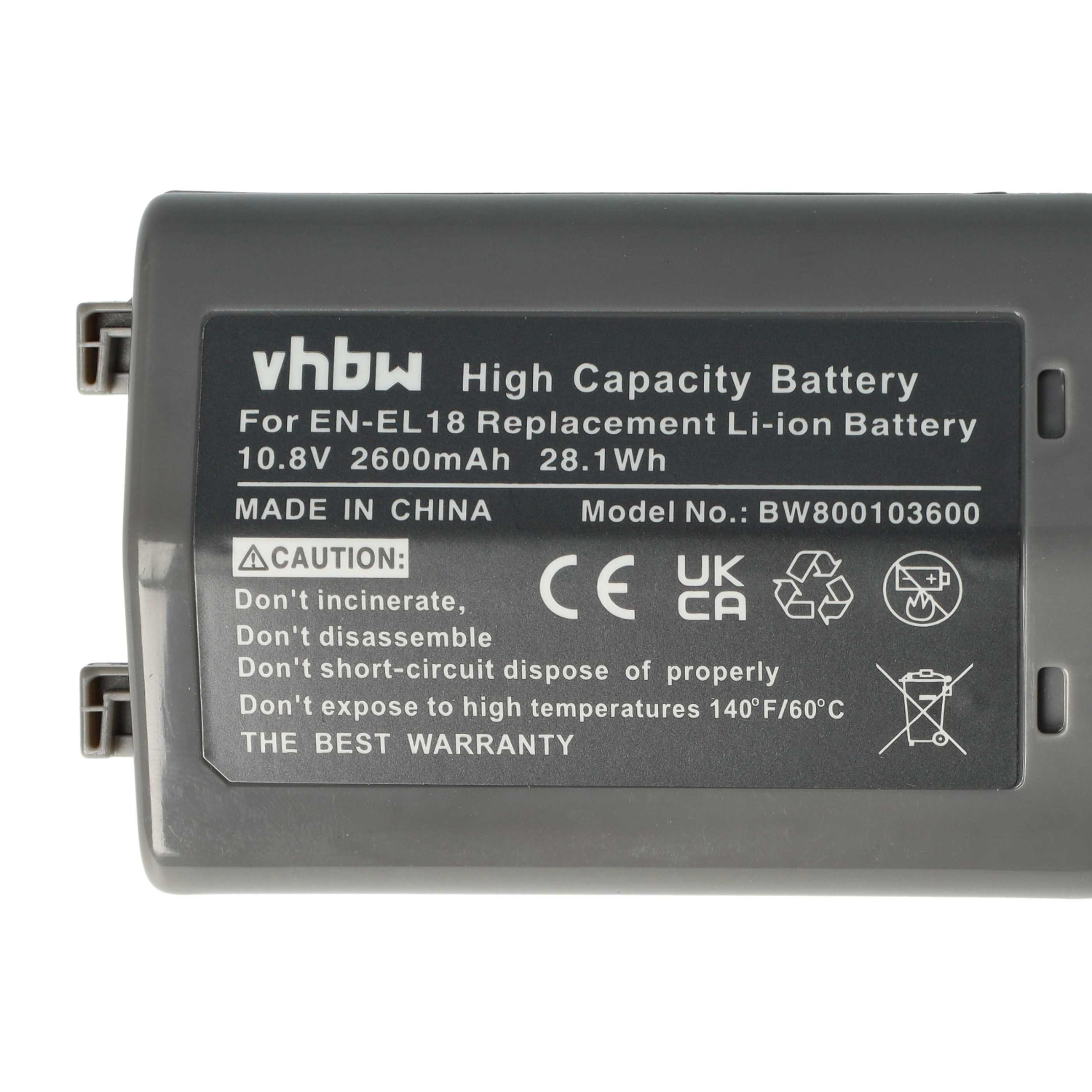 Ein grauer Akku mit Text, darunter "High Capacity Battery", Warnhinweise und Spezifikationen. Er hat CE- und Recycling-Symbole.