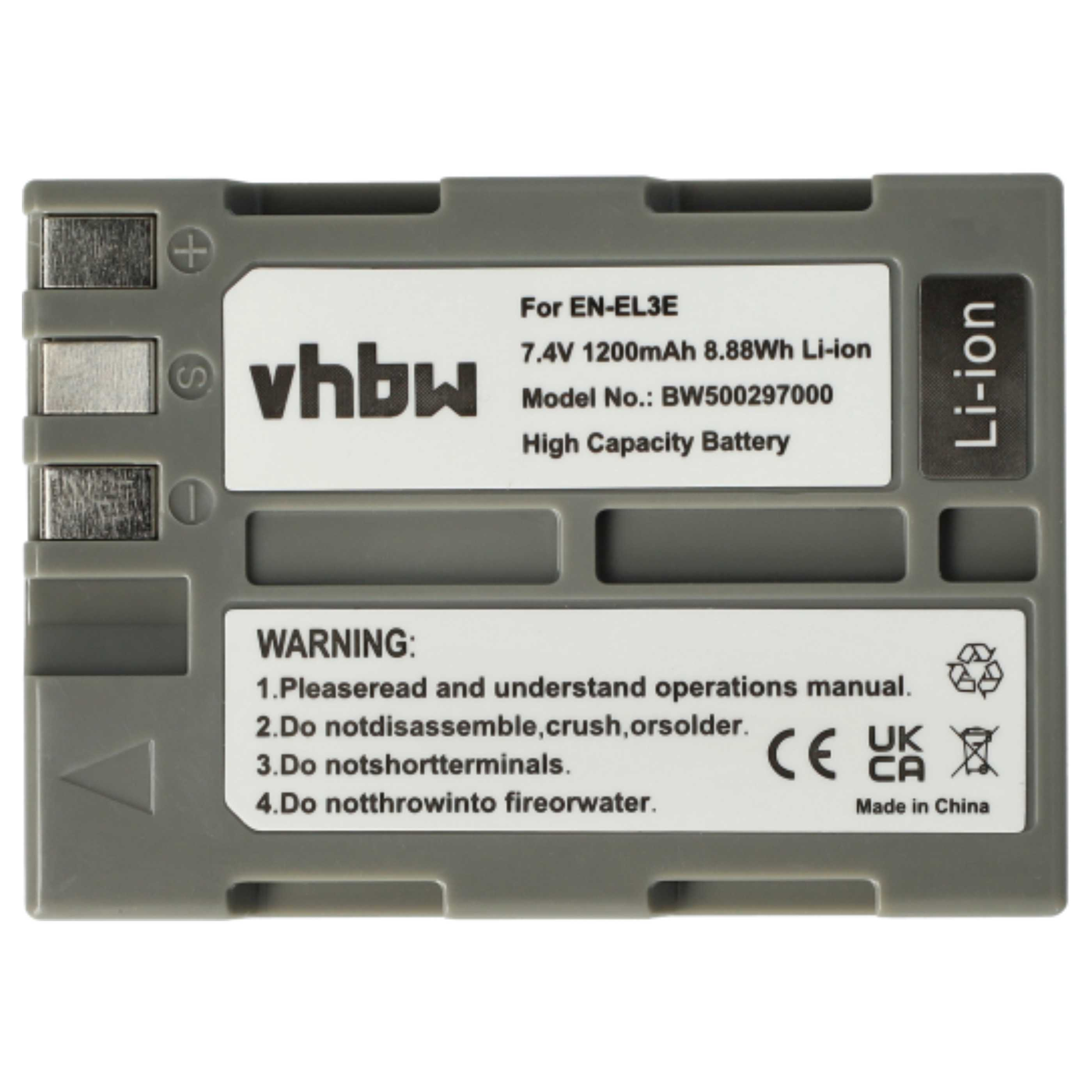 Graue Batterie mit weißem Text. Es steht 'vhbw', 'Li-ion' und '7,4V 1200mAh'. Warnhinweise sind ebenfalls vorhanden.