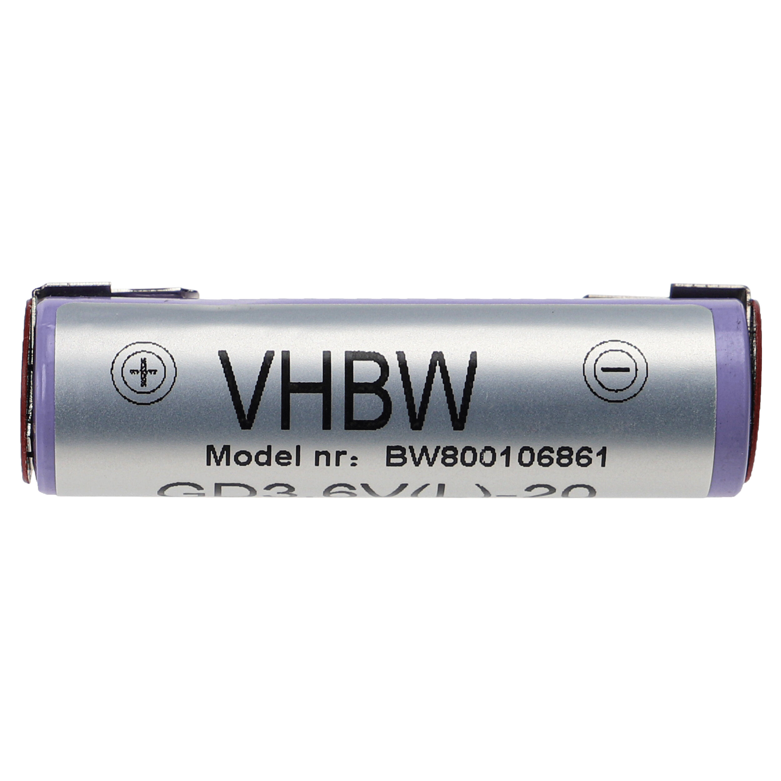 Eine zylindrische Batterie mit der Aufschrift 'VHBW' und der Modellnummer BW800106861. Sie hat Plus- und Minussymbole.