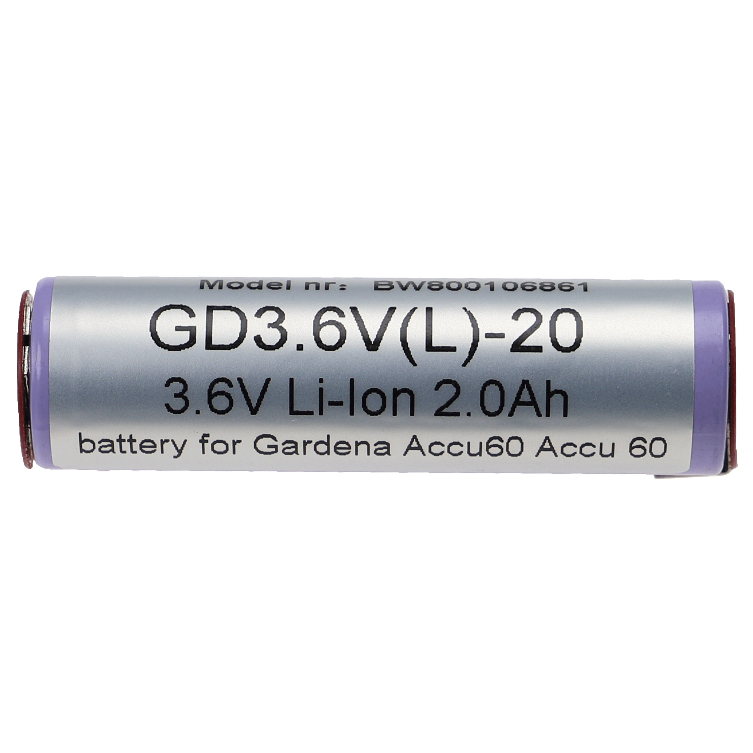 Eine Batterie mit Text: GD3.6V(L)-20, 3.6V Li-Ion 2.0Ah, für Gardena Accu60, auf weißem Hintergrund.