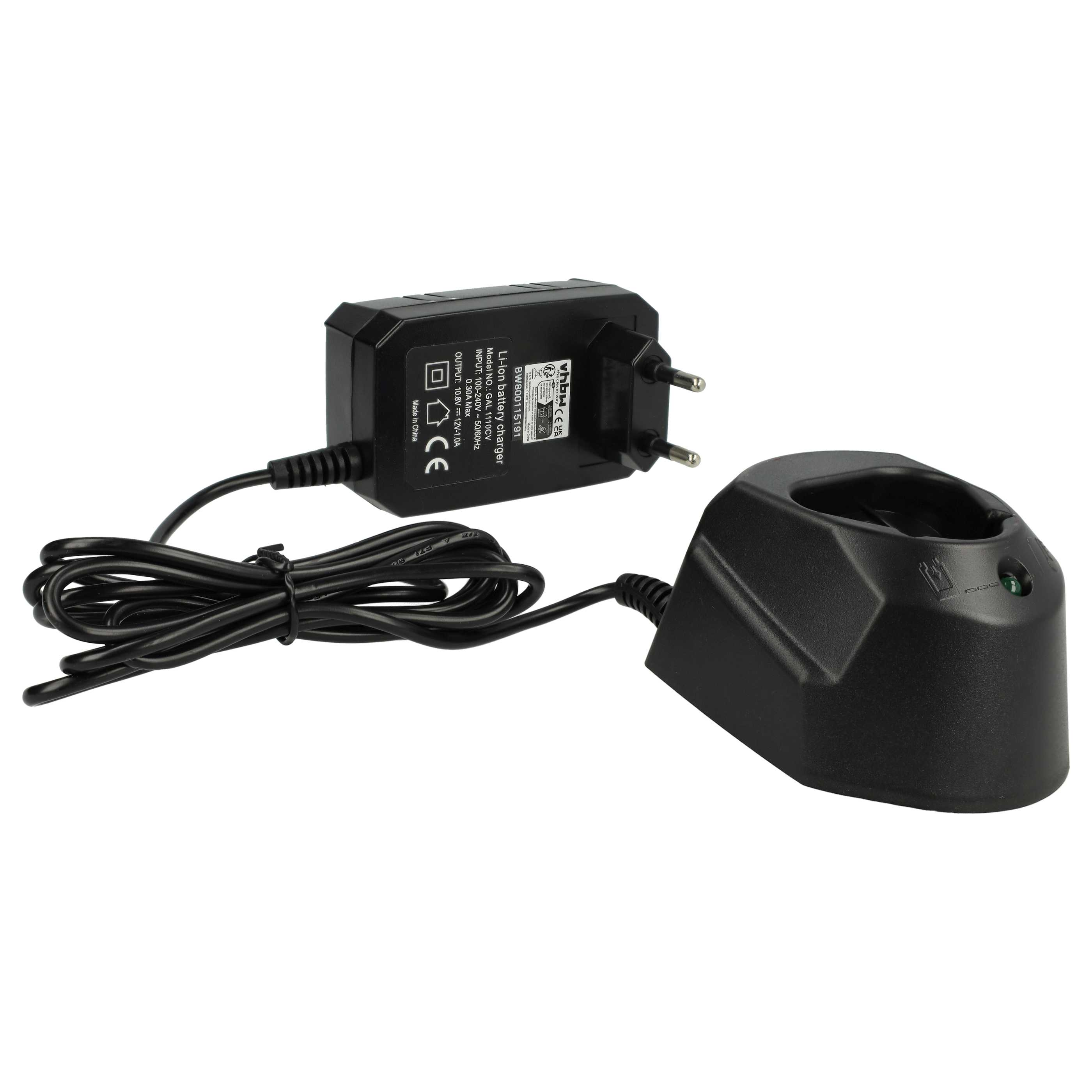 Schwarzes Batterieladegerät mit Stecker und Ladestation, verbunden durch ein schwarzes Kabel.