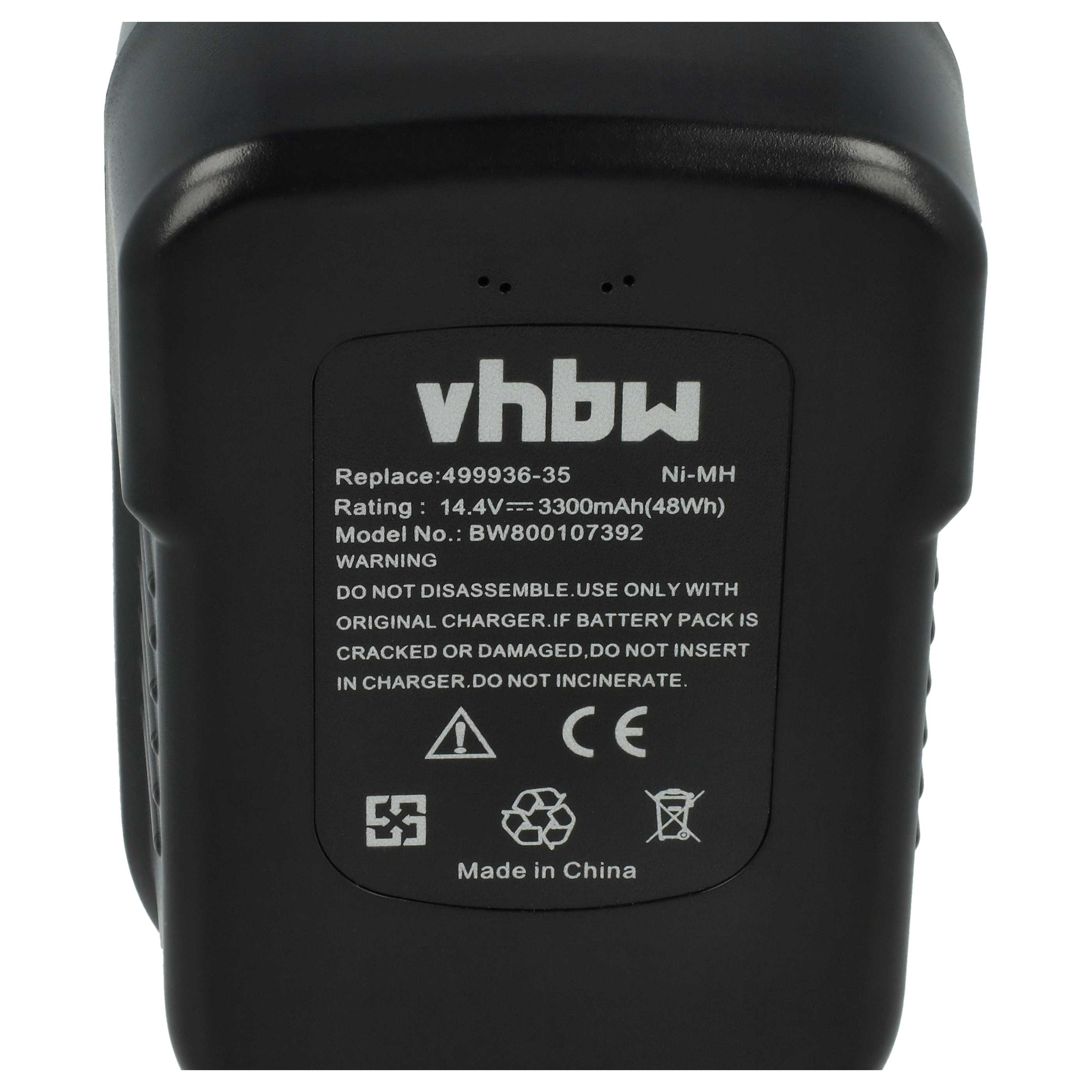 Schwarzer Akku mit weißem Text. Der Text enthält: vhbw, Warnung, Modell, Spannung und Hergestellt in China.