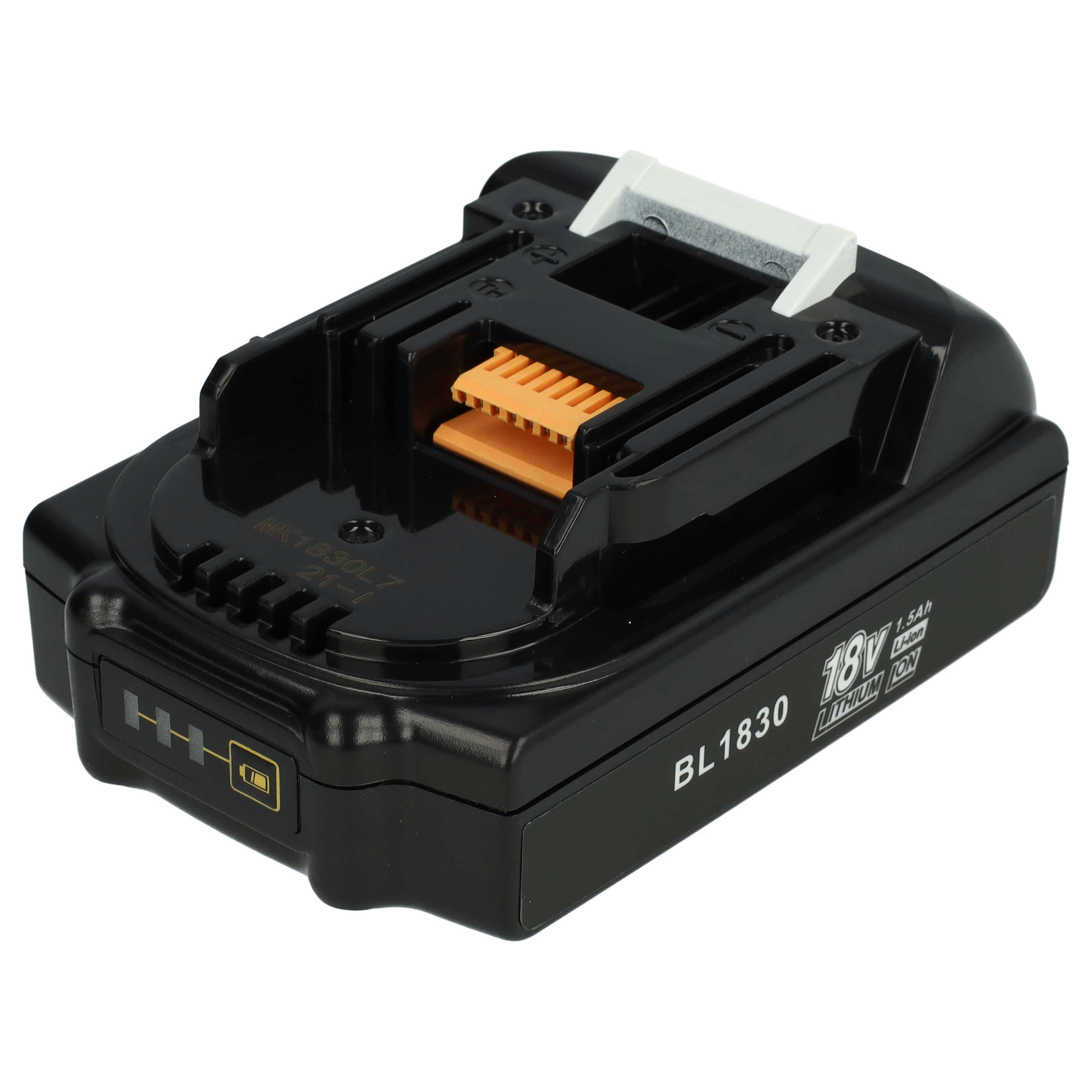 Schwarze 18V Lithium-Ionen-Batterie. Sie hat einen orangefarbenen Stecker und weiße Kunststoffteile. Die Batterie ist beschriftet.