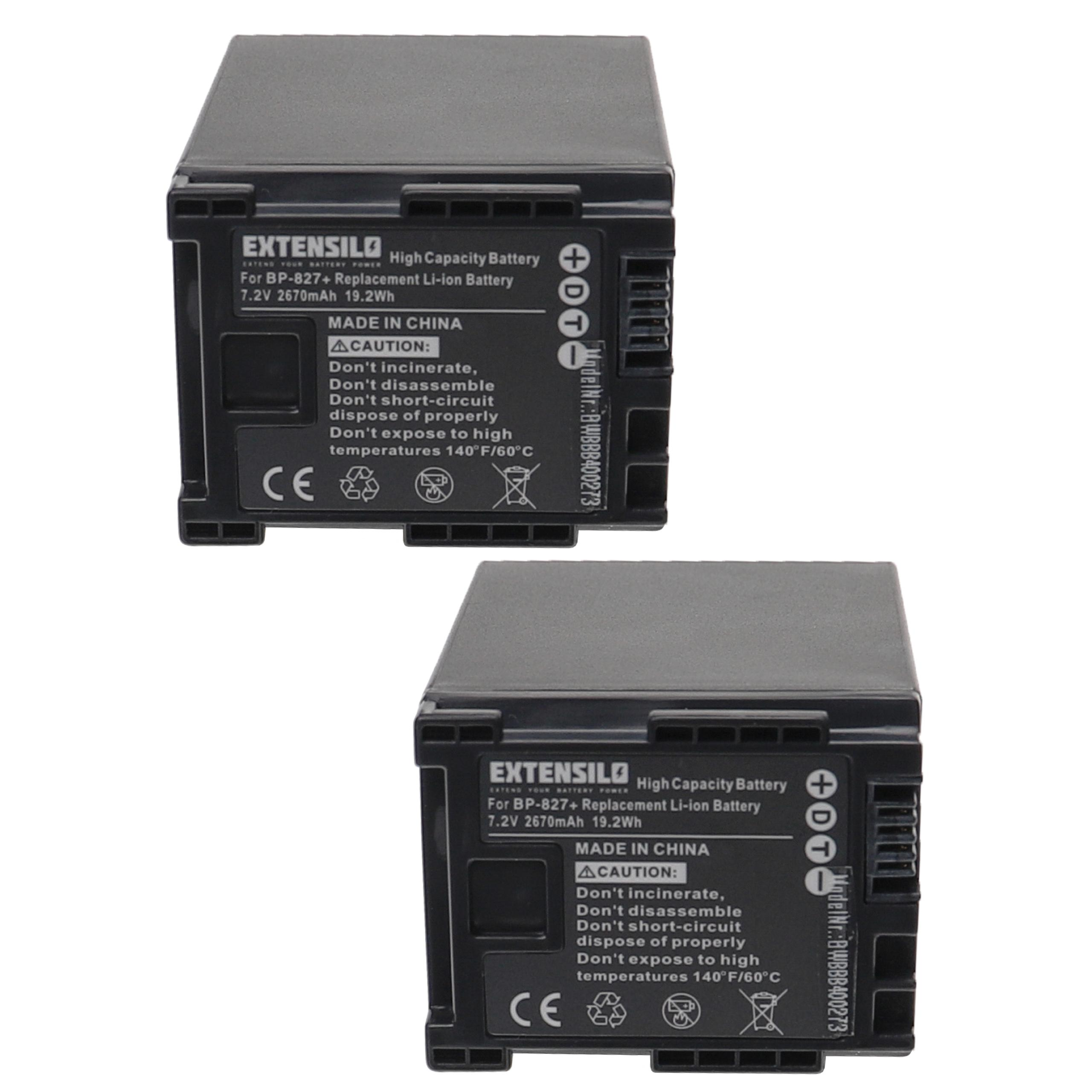 Zwei schwarze Extensilo BP-827+ Batterien mit Etiketten auf weißem Hintergrund. Jede hat Text und Symbole.