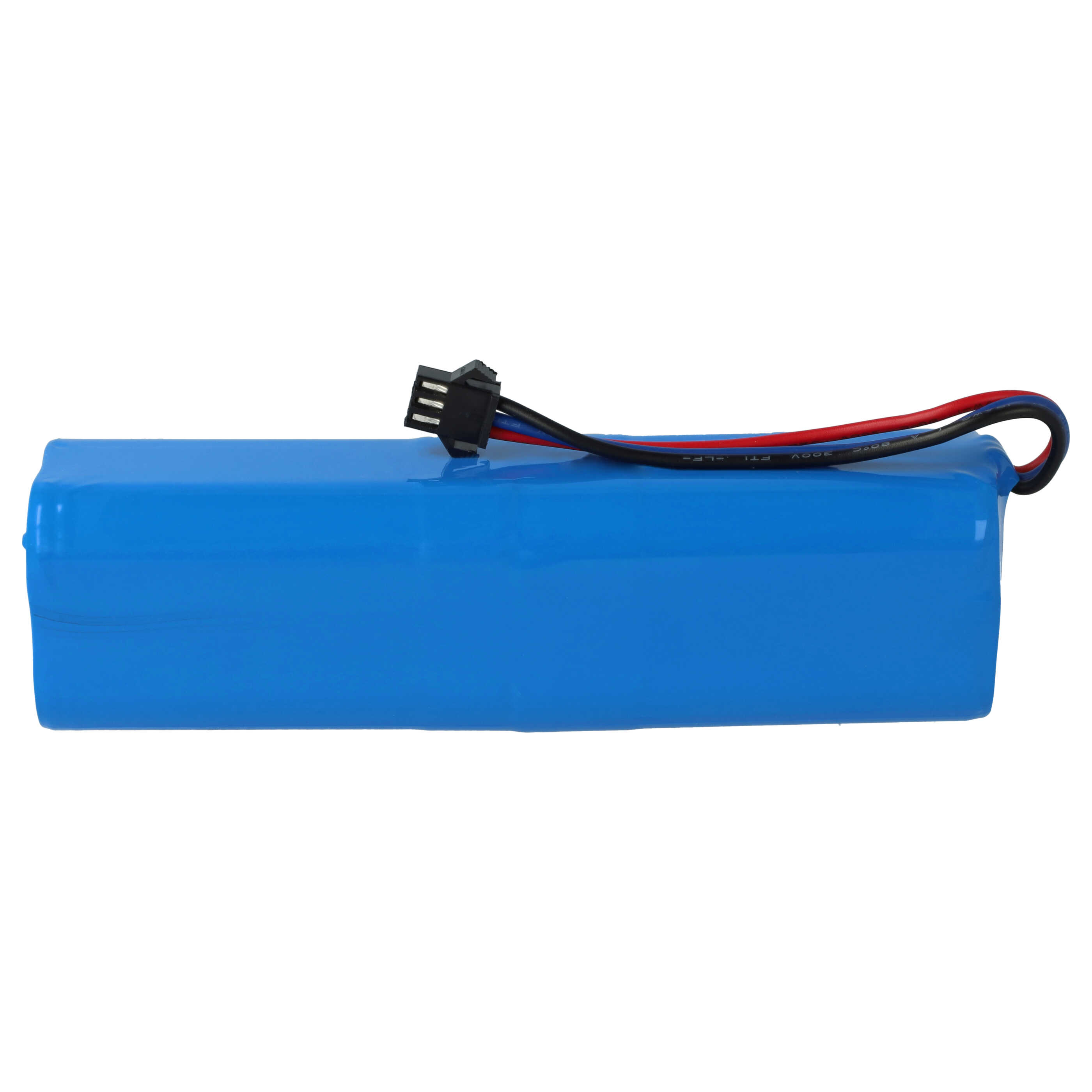 Ein blauer Akku mit schwarzen, roten und blauen Drähten und einem Stecker. Weißer Hintergrund.