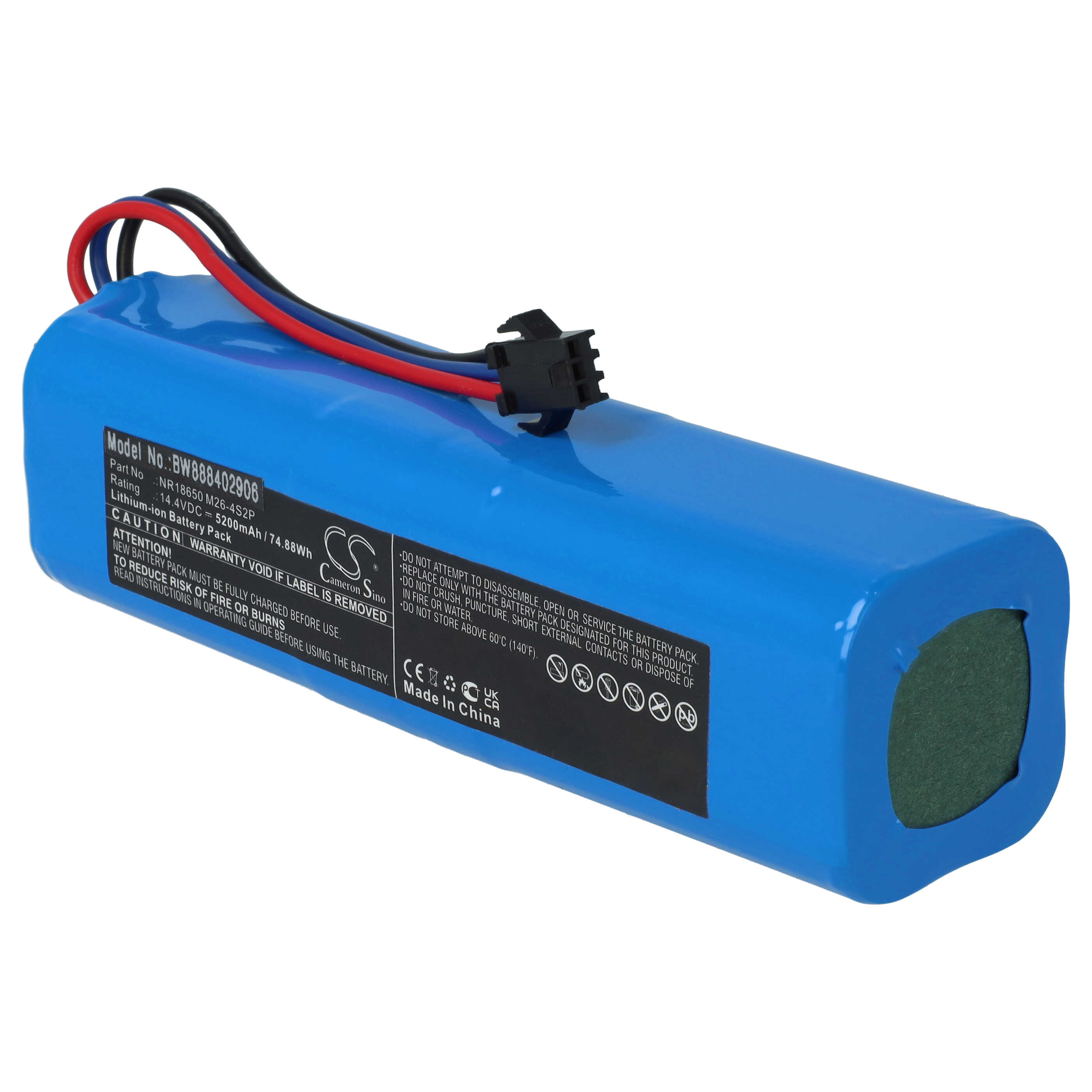 Ein blaues Akkupack mit roten, schwarzen und blauen Drähten und einem schwarzen Stecker. Es hat Etiketten mit Text.