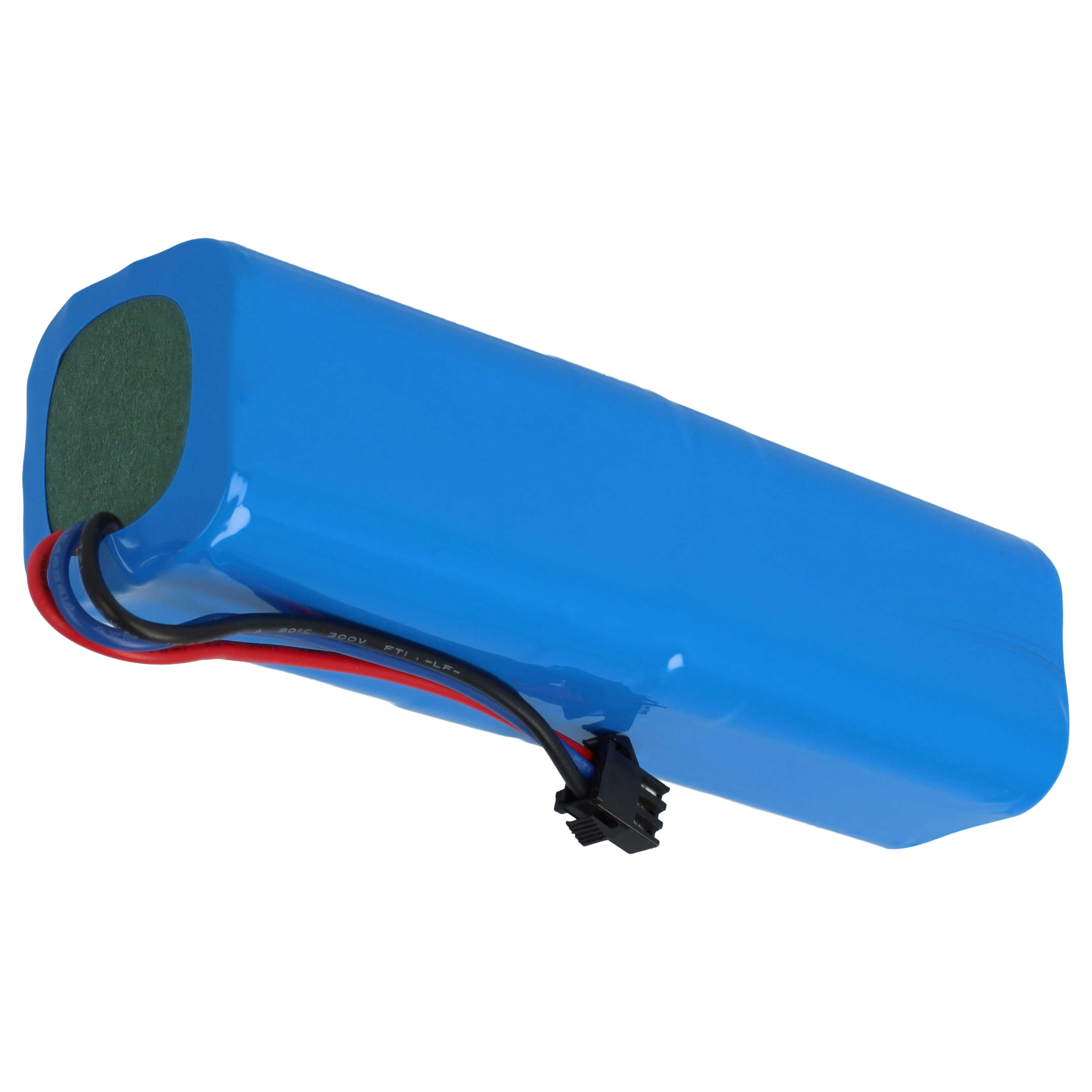 Ein blaues zylindrisches Batteriepack mit schwarzen und roten Drähten und einem schwarzen Stecker. Der Hintergrund ist weiß.