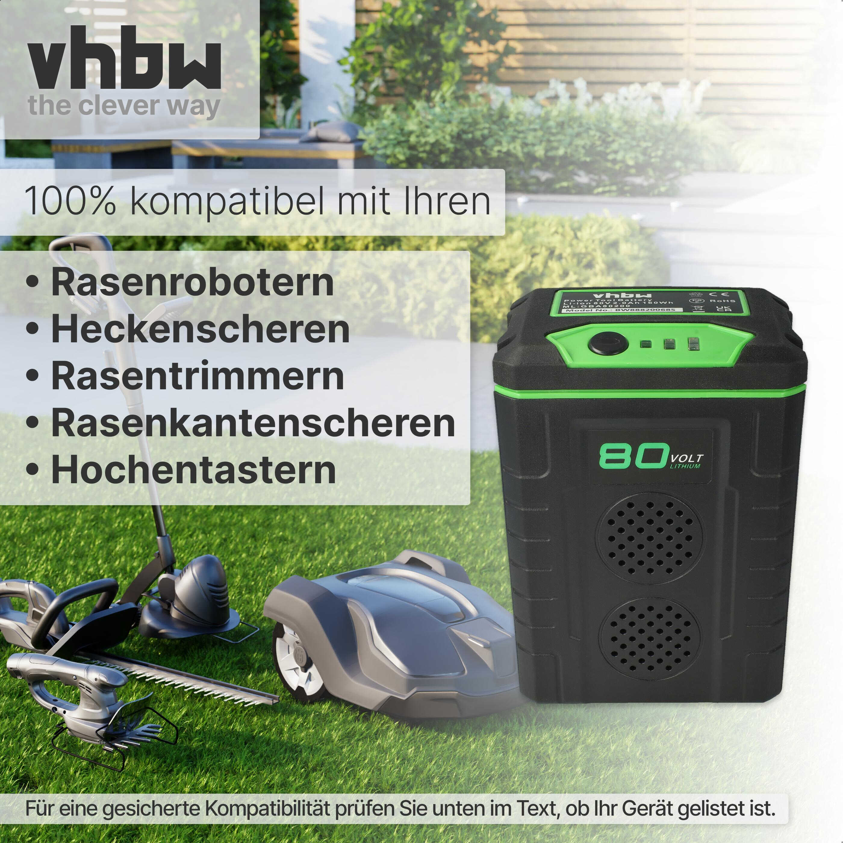 Das Bild zeigt einen schwarzen Akku, Gartengeräte und Text auf Deutsch. Der Akku hat 80 Volt und ist schwarz und grün.