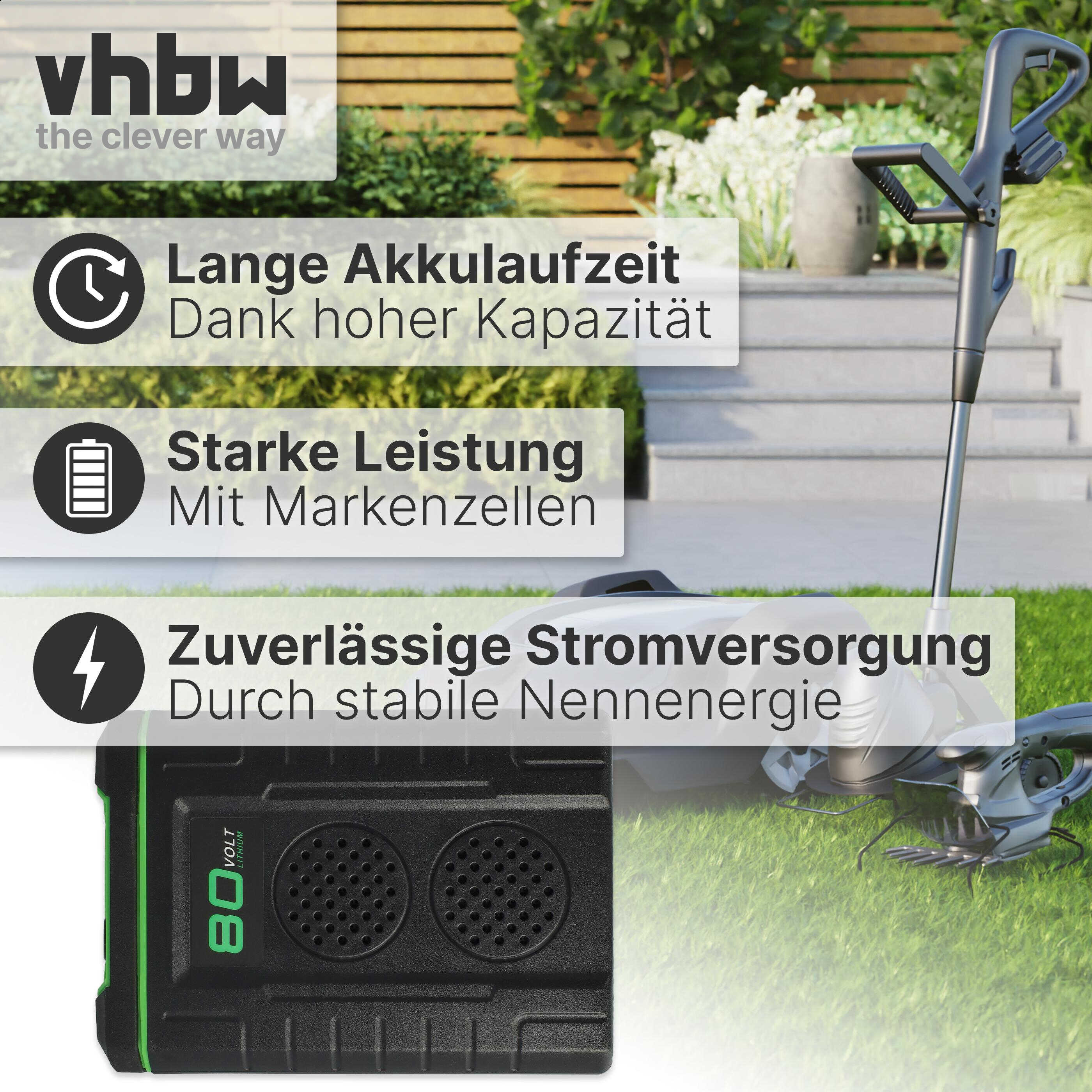 Elektrischer Rasentrimmer mit schwarzem Akku. Text über Akkulaufzeit und Leistung wird angezeigt.