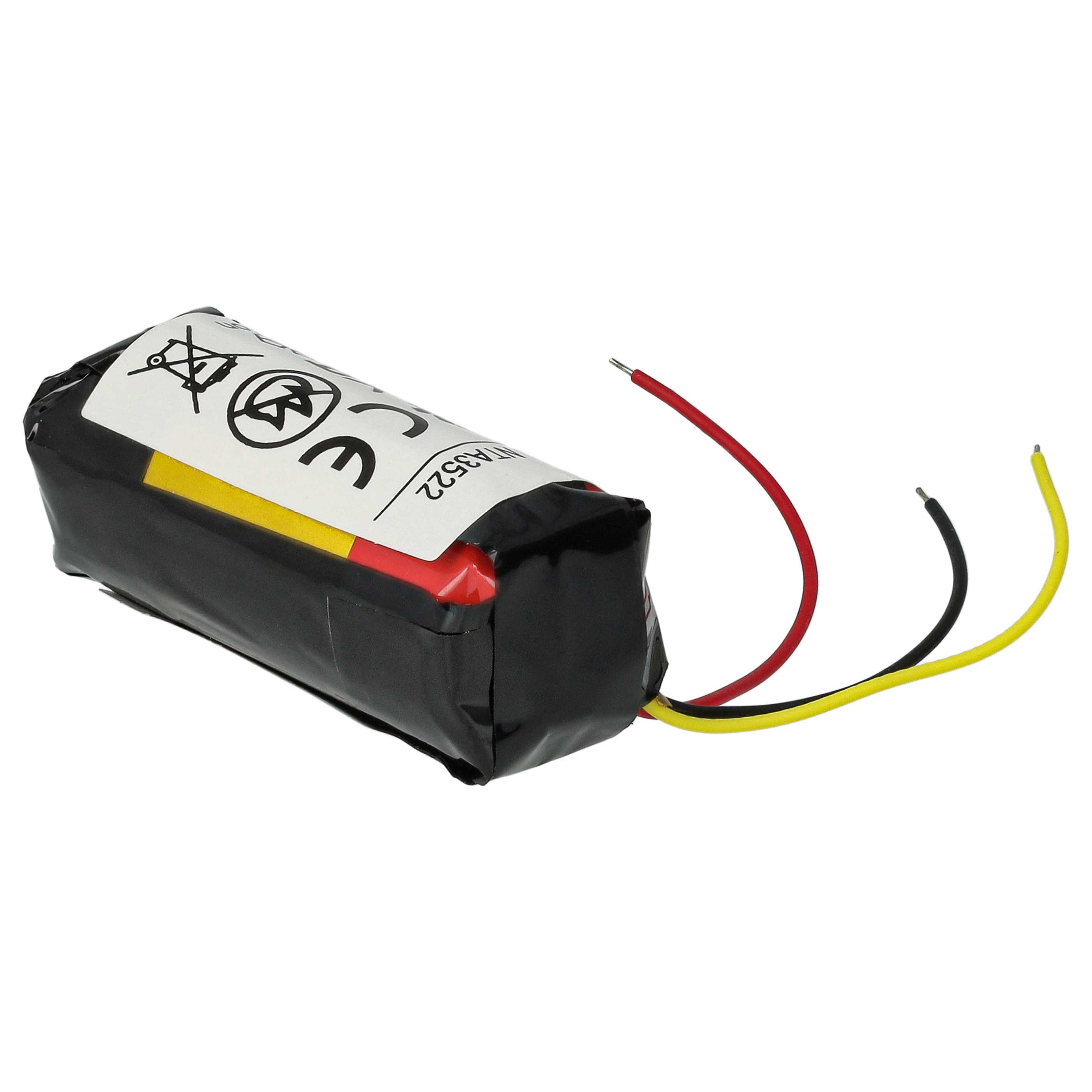 Ein schwarzes Batteriepack mit roten, schwarzen und gelben Drähten. Es hat ein Etikett mit Symbolen und Text. Der Hintergrund ist weiß.
