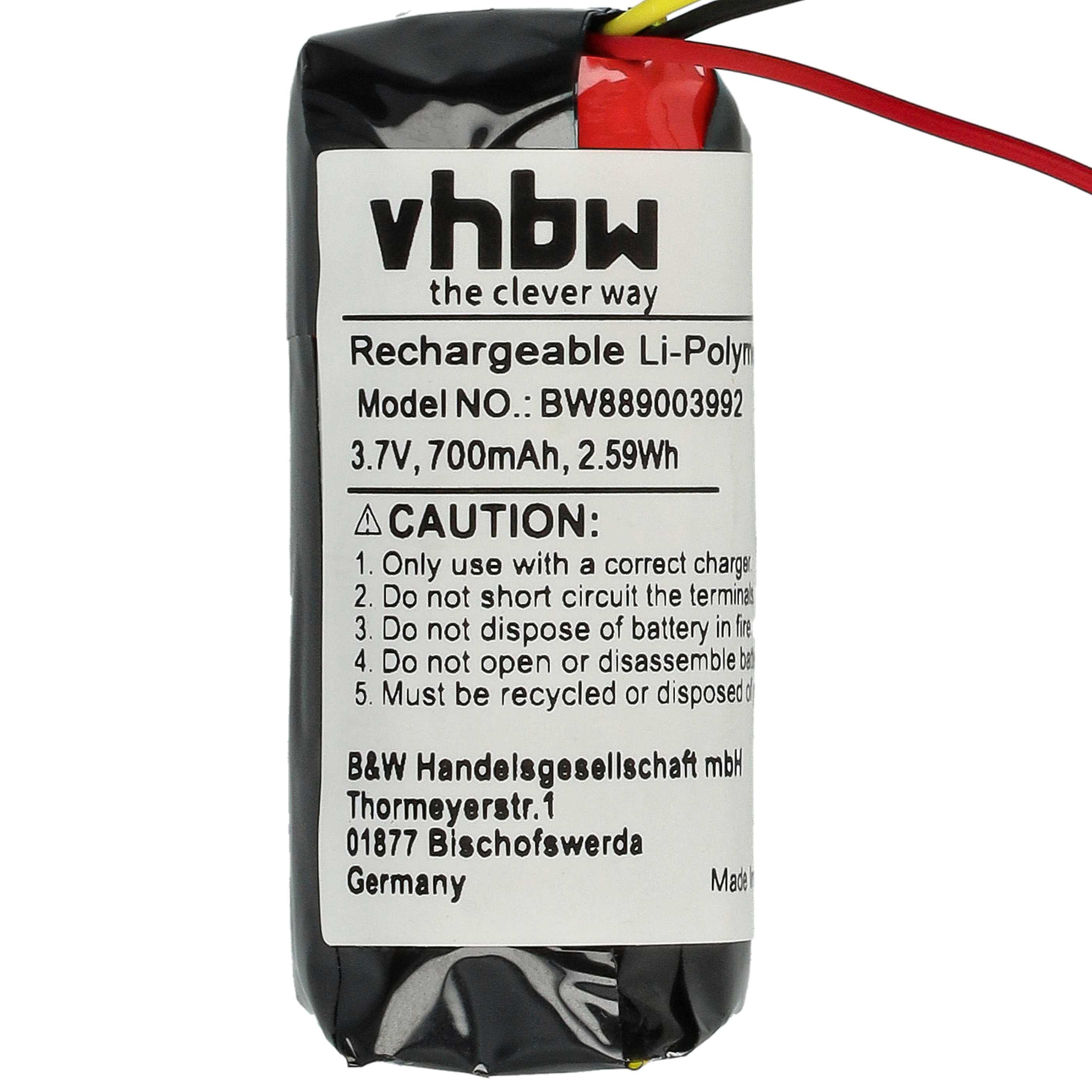 Ein Akku mit weißem Etikett. Er hat das vhbw-Logo, Modellinformationen und Warnhinweise. Es gibt rote, gelbe und schwarze Drähte.