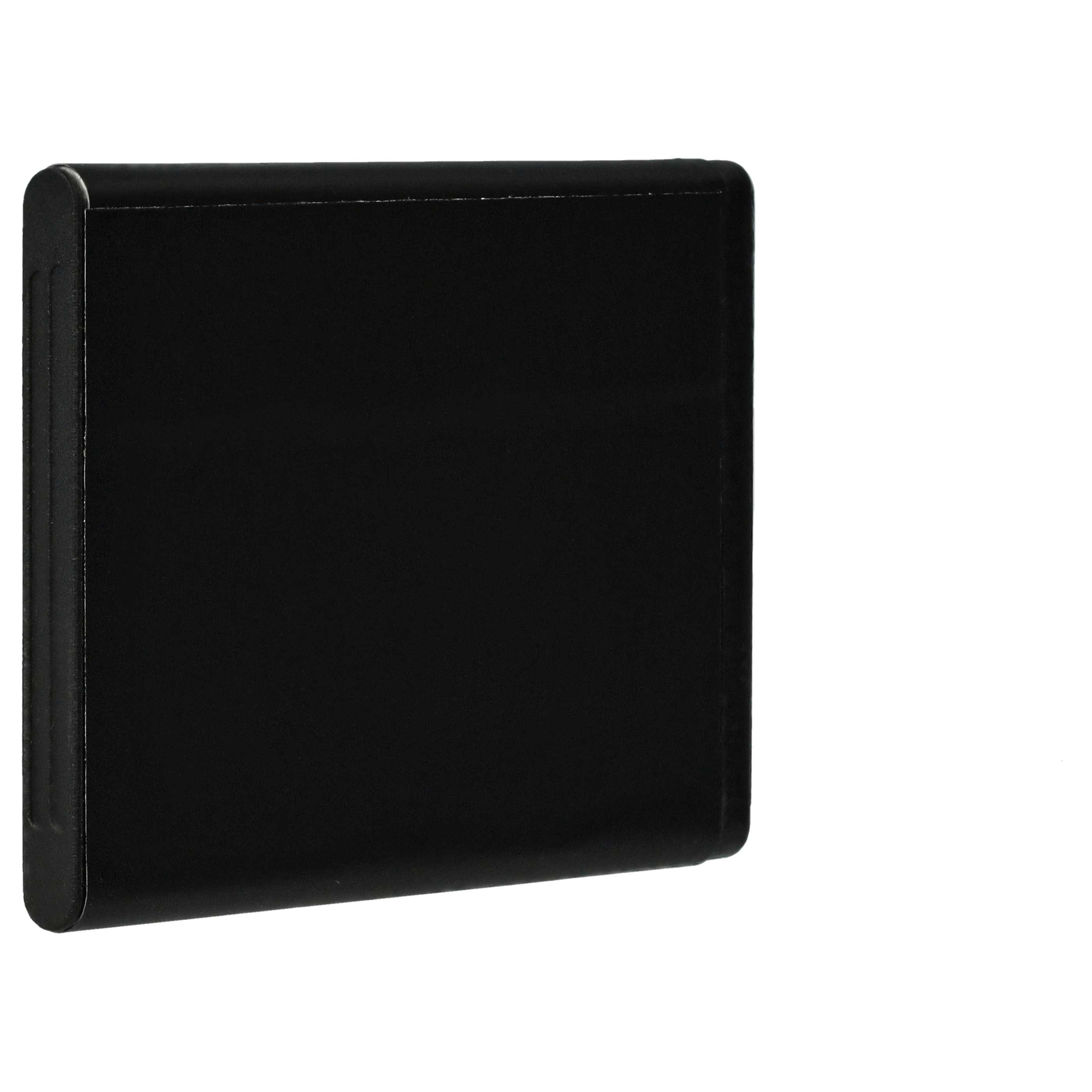 Ein schwarzes, rechteckiges Objekt mit abgerundeten Ecken auf weißem Hintergrund. Das Objekt scheint eine Karte oder Batterie zu sein.